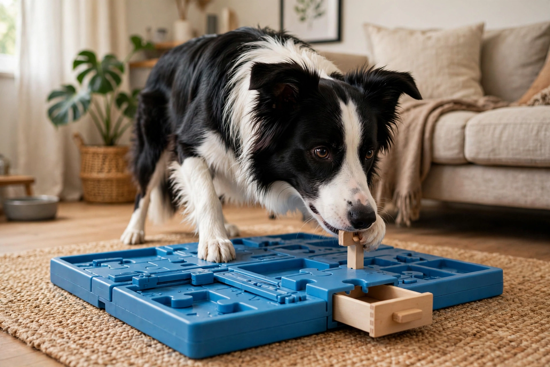 Border collie pulling a drawer on an advanced puzzle board