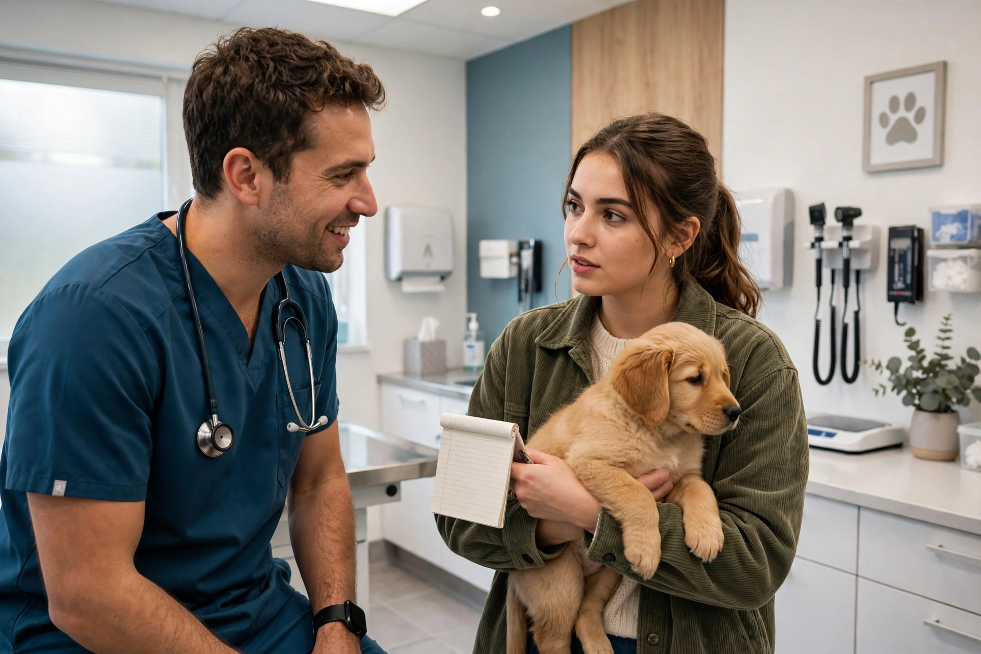Pet owner asking her veterinarian questions while holding her puppy