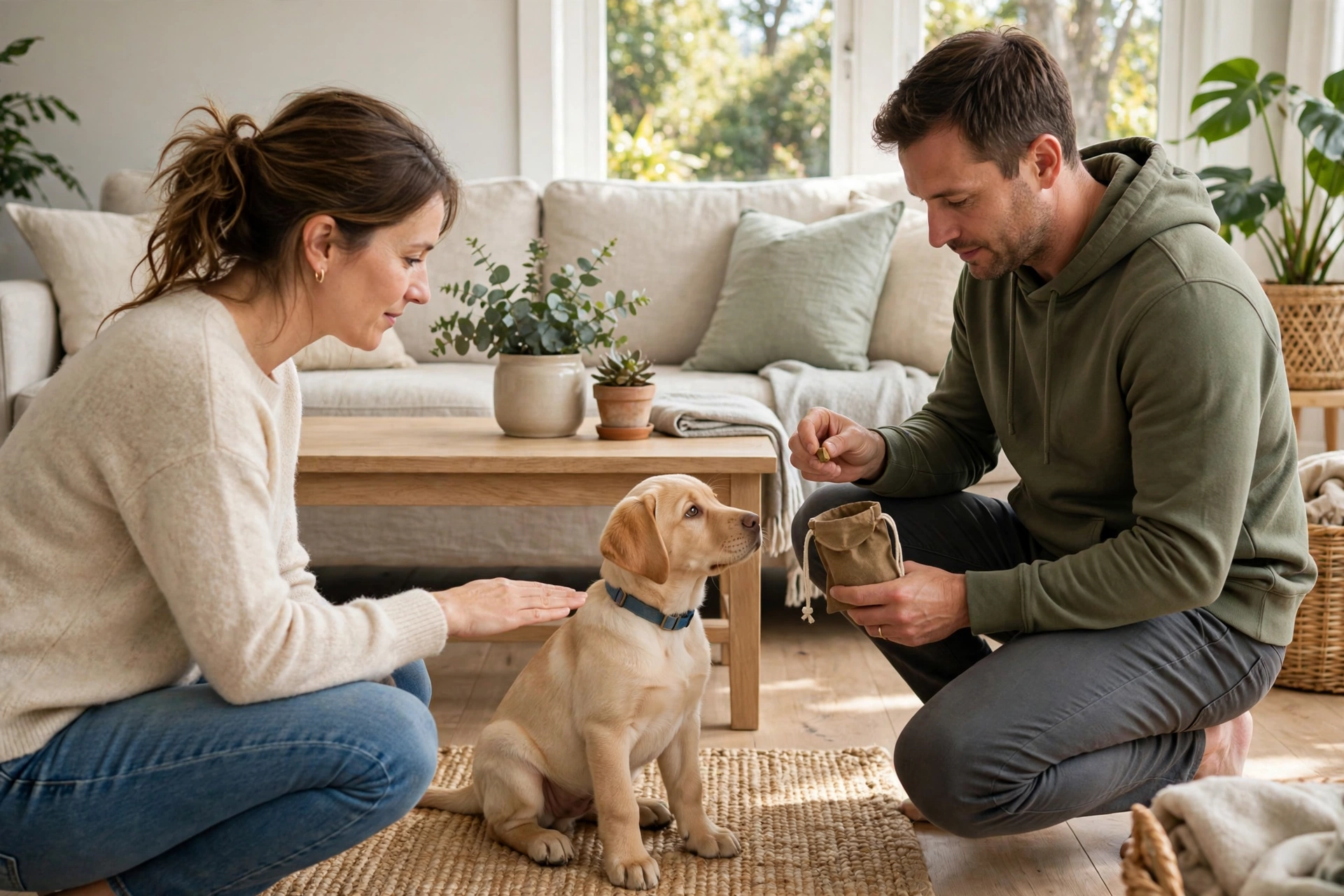 Two family members consistently training a puppy to stay off the couch
