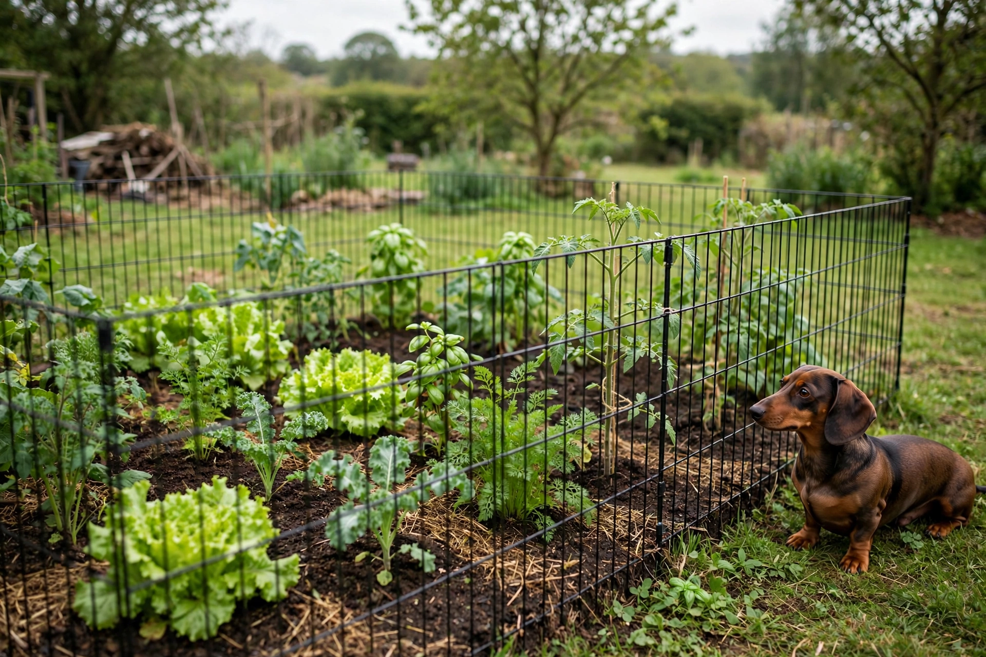 Vegetable garden bed protected by a low black metal wire fence with a dachshund watching nearby