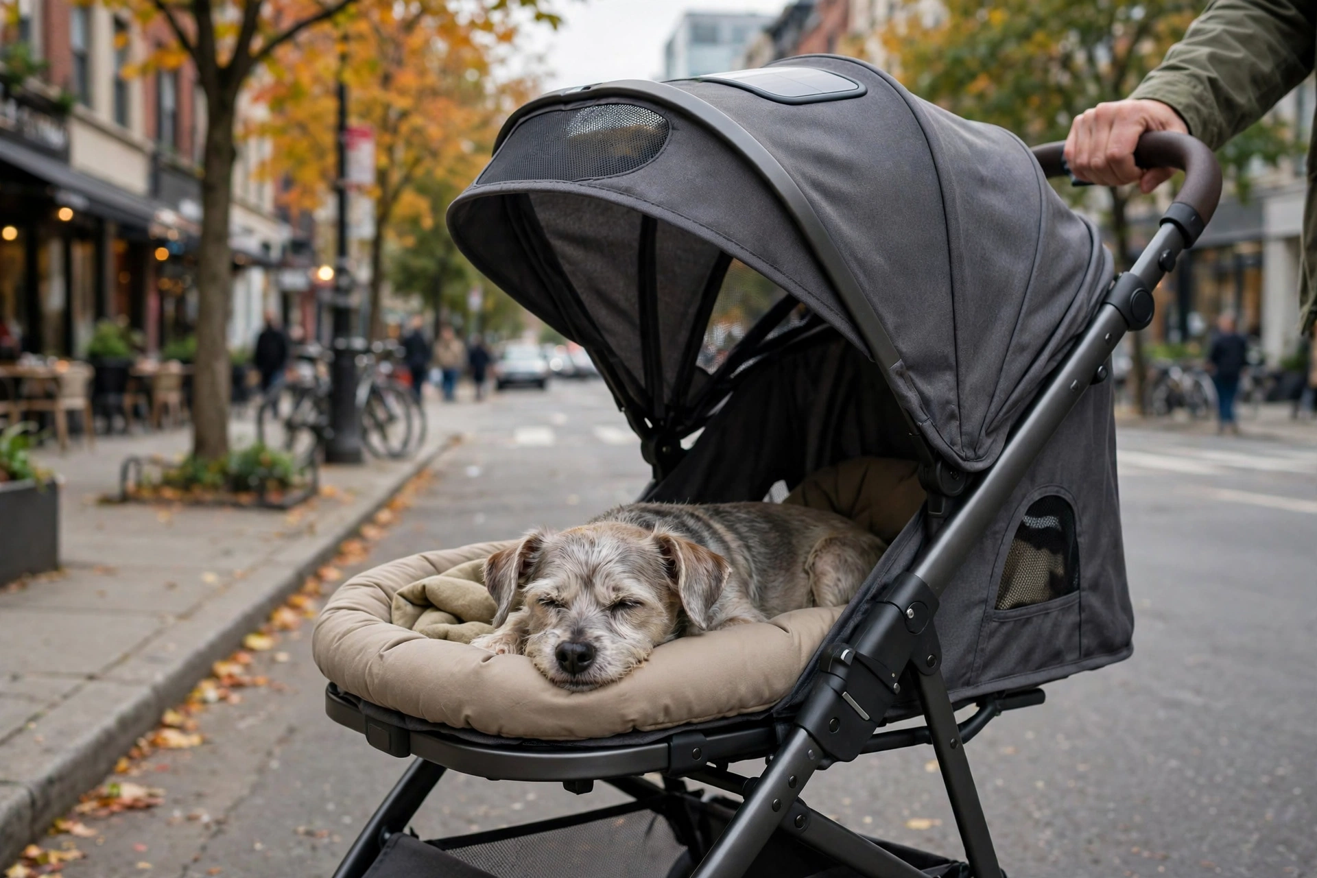 Lightweight Gen7Pets Regal Plus stroller with senior dog resting inside on a city street