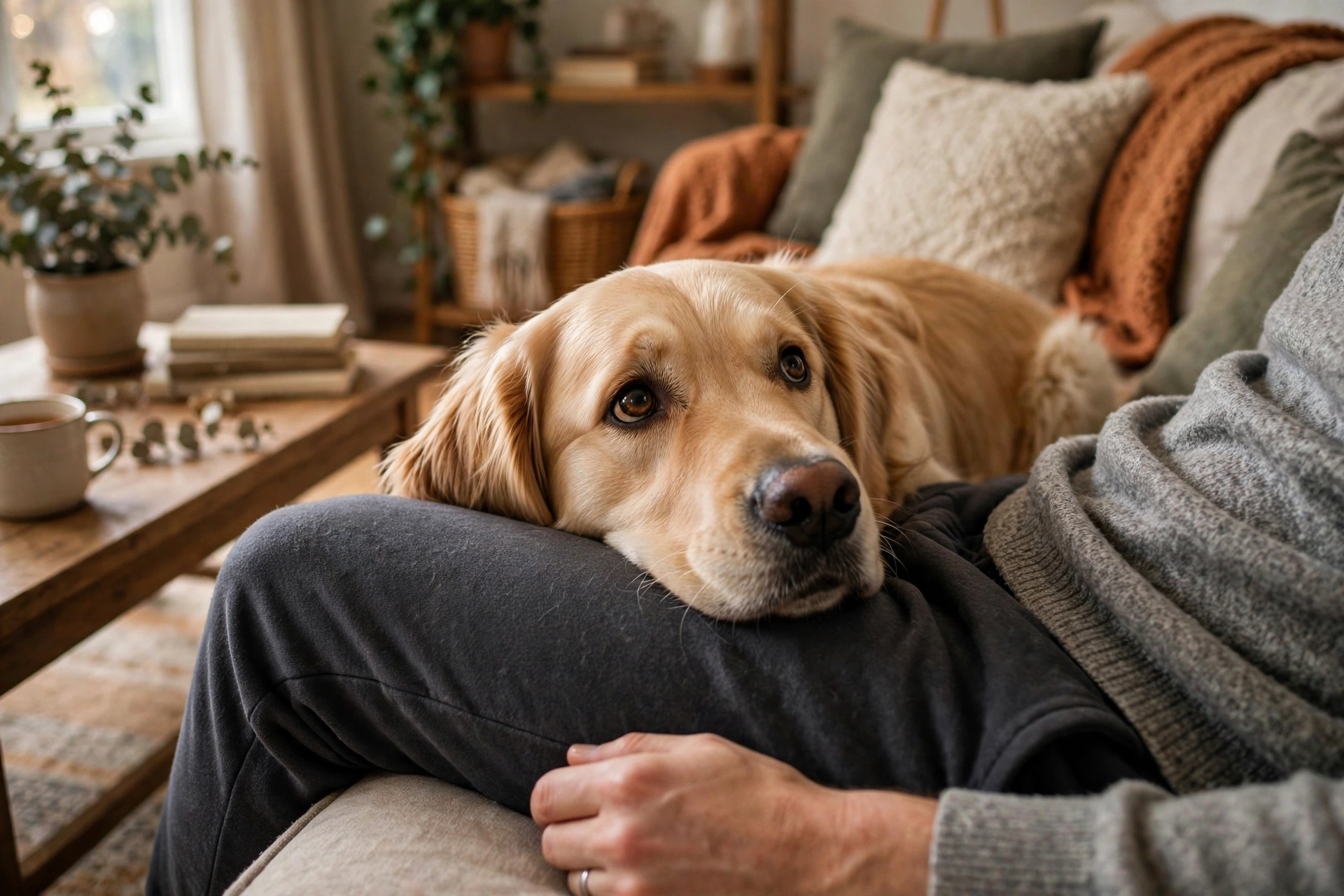 Dog resting its head on owner's lap, staying close in a caring way