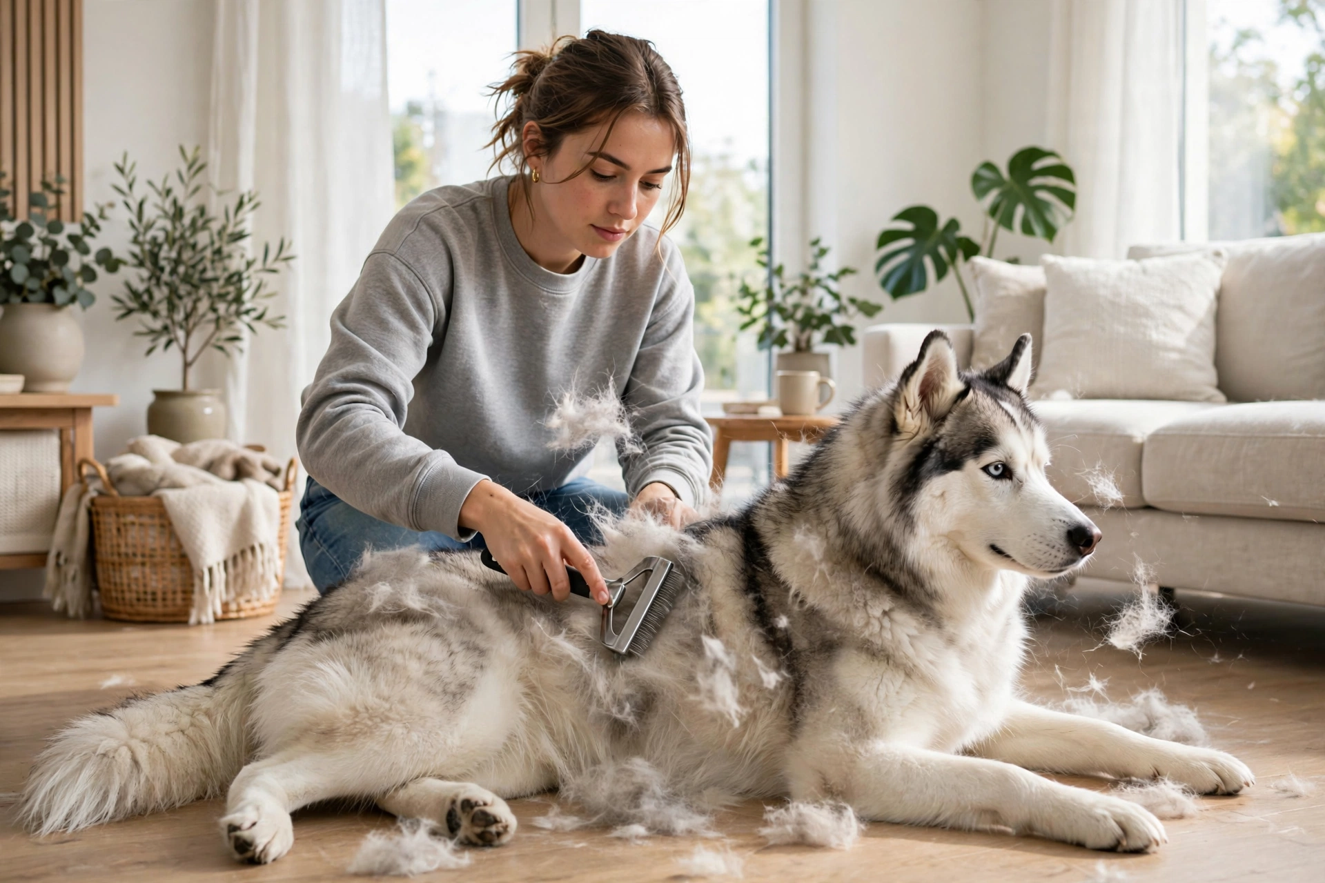 Person using a de-shedding tool on a husky's undercoat