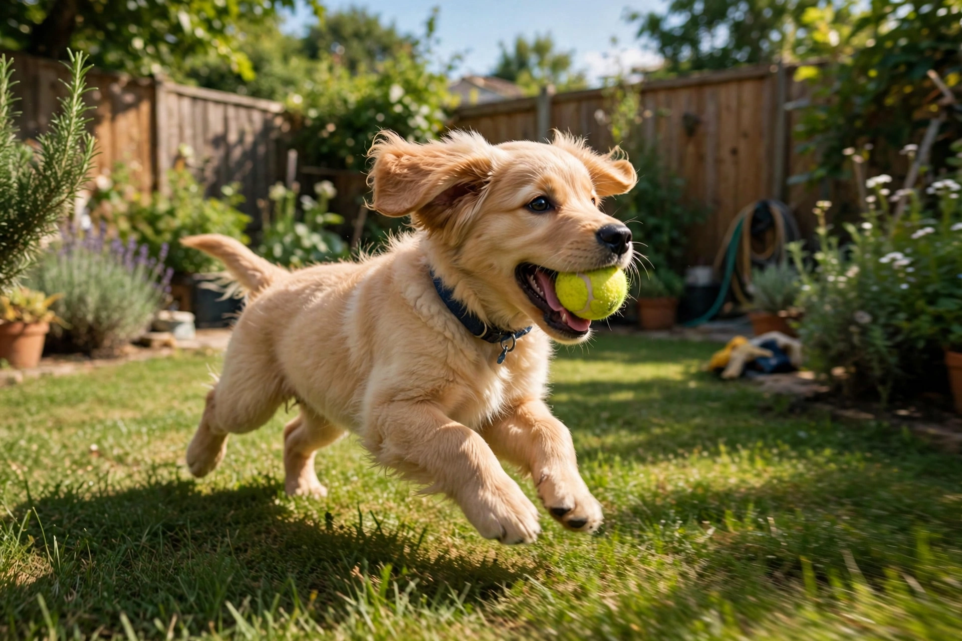 Happy puppy running with a ball in a sunny backyard