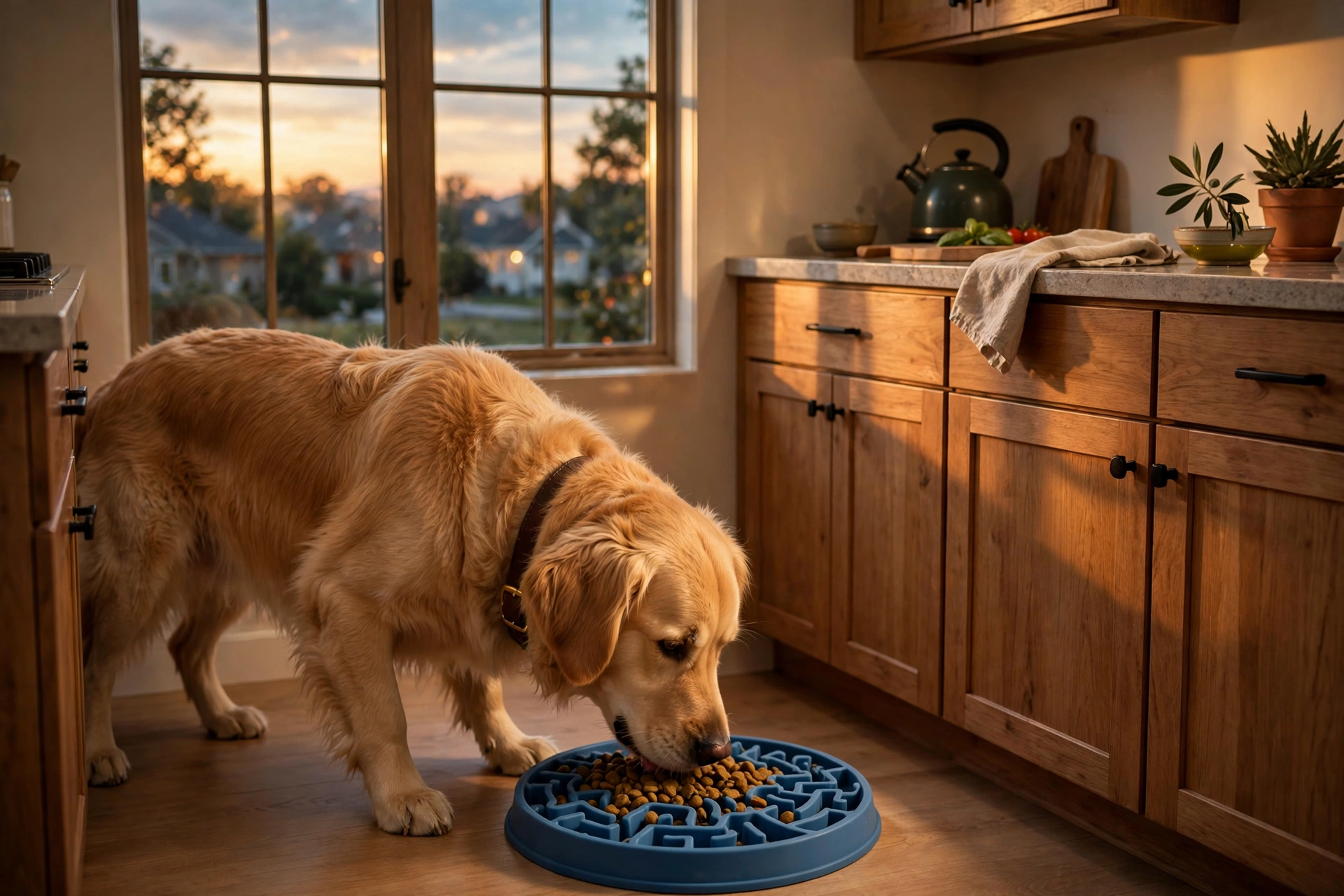 Dog eating dinner from a slow feeder bowl in the kitchen at dusk