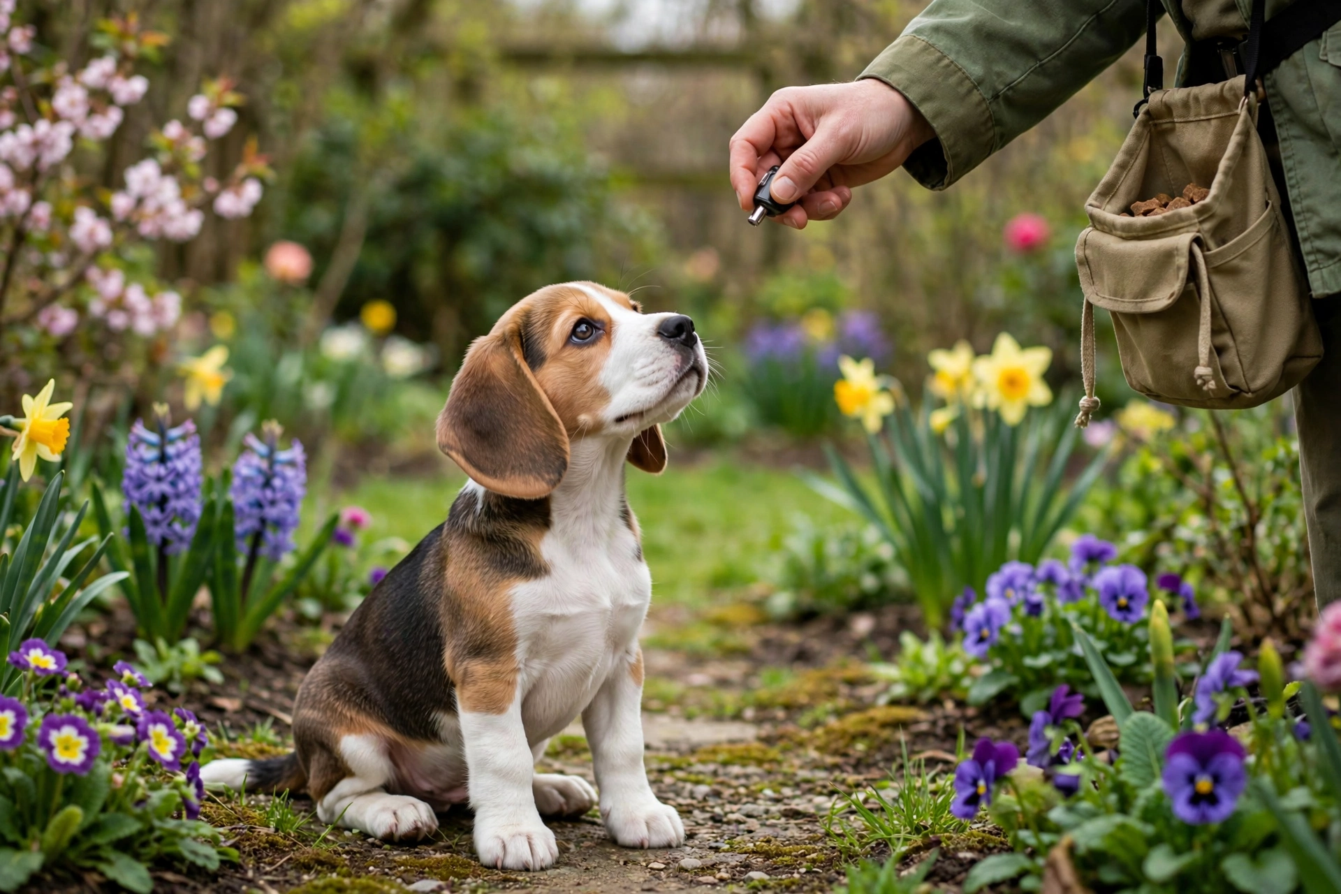 Beagle puppy training session with owner holding treat pouch in garden