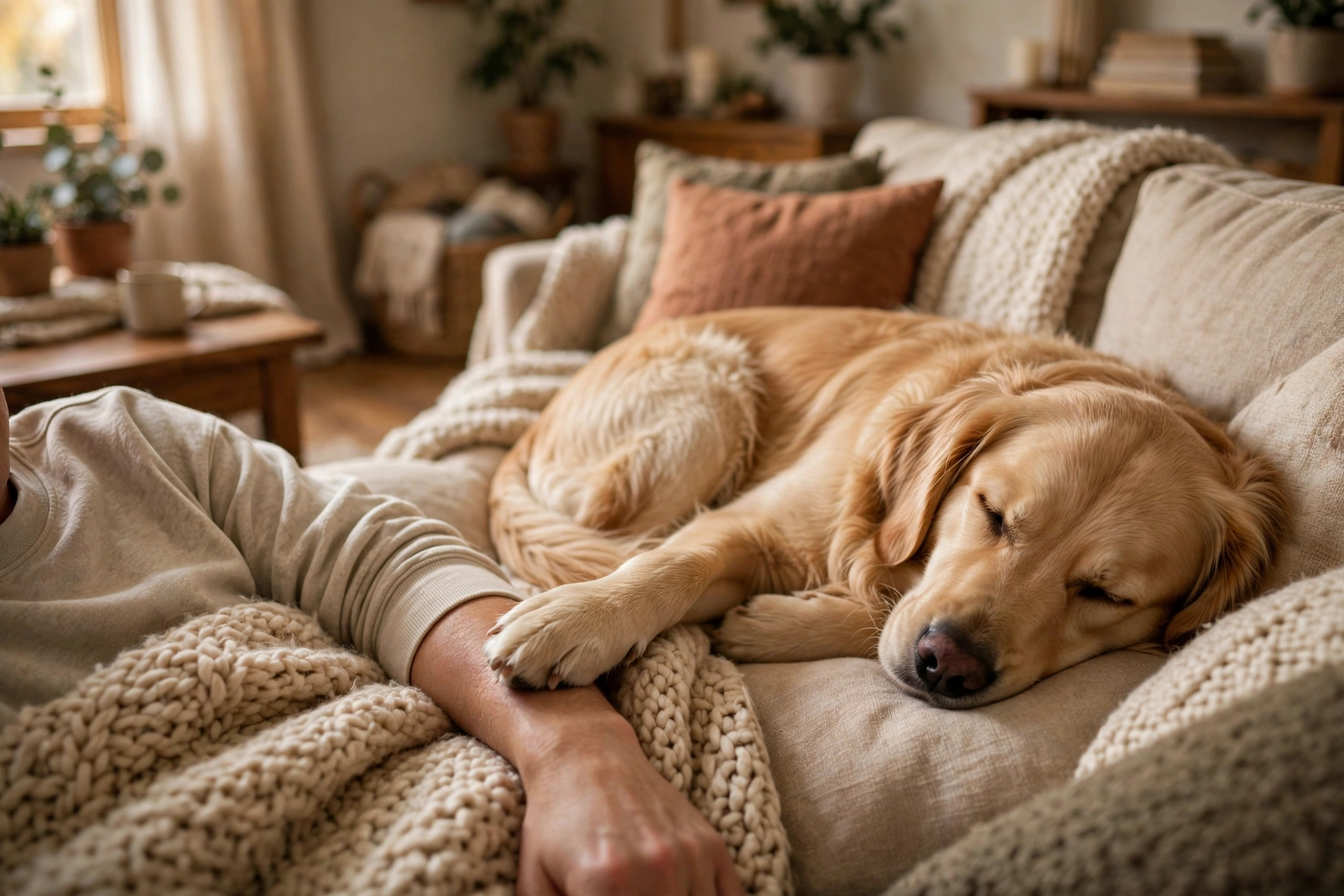 Dog sleeping curled up with its paw touching its owner on a cozy couch