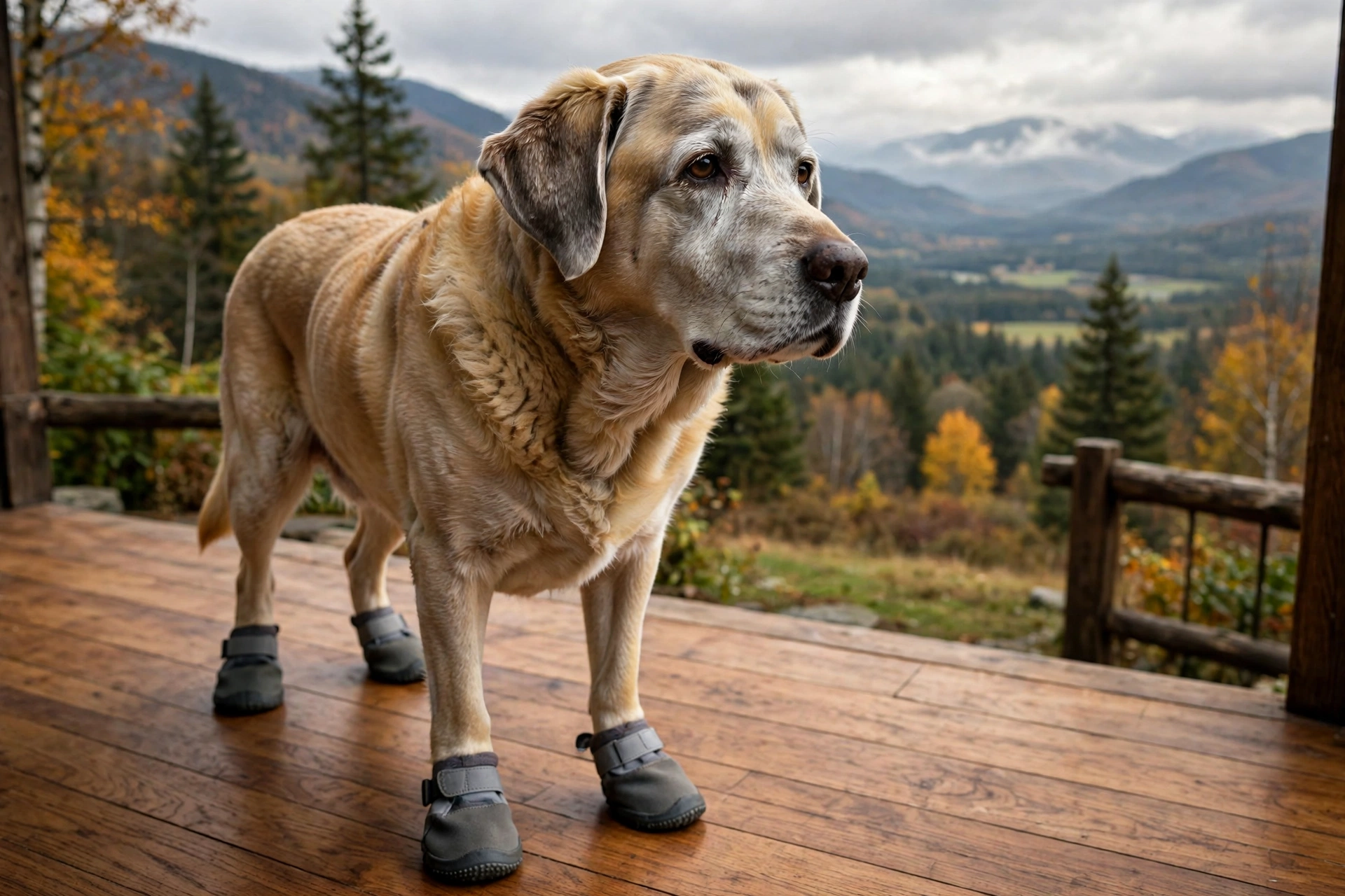 A senior grey-muzzled labrador wearing soft non-slip dog booties on a hardwood floor