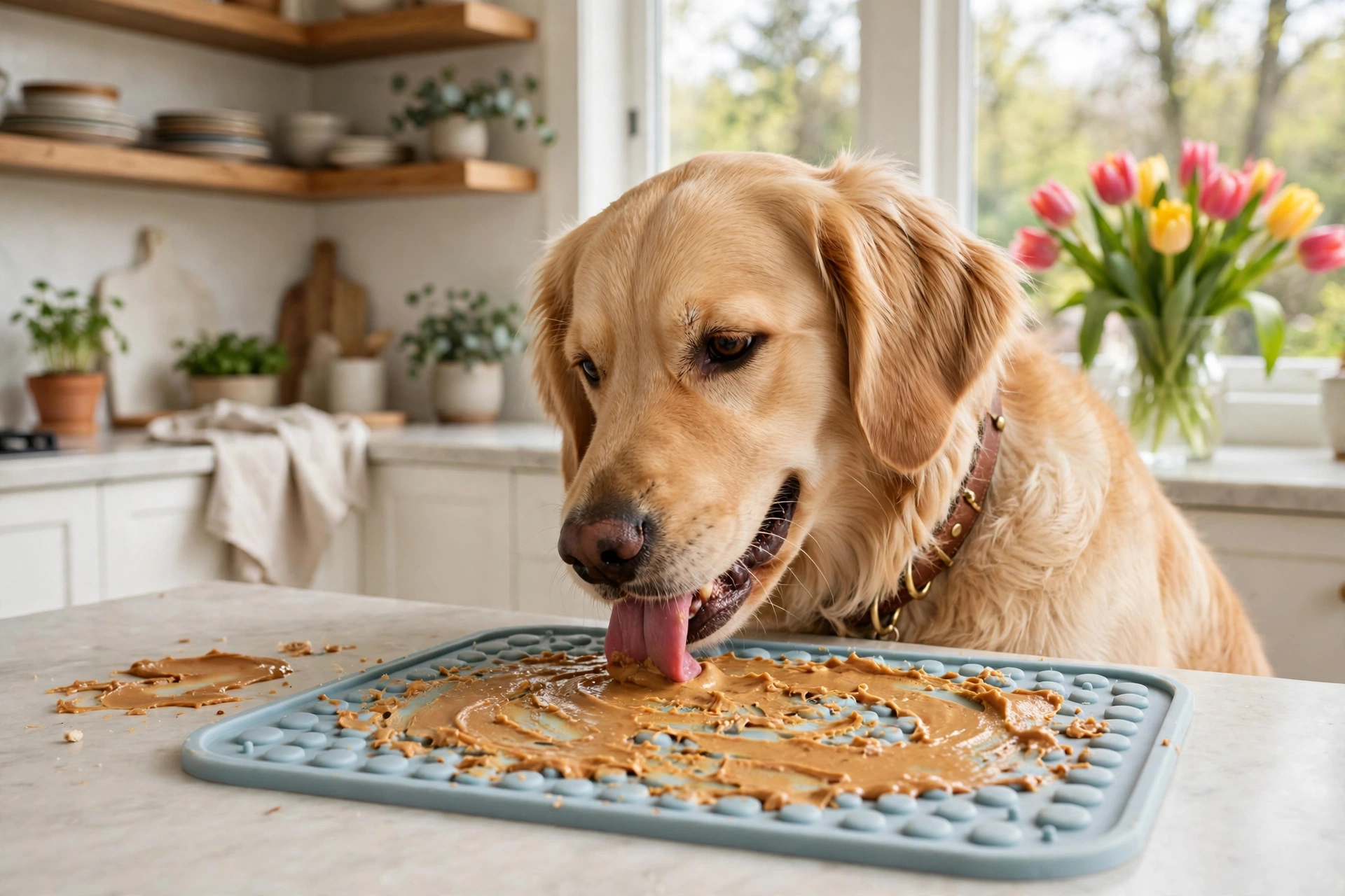 Silicone lick mat smeared with peanut butter with a happy dog