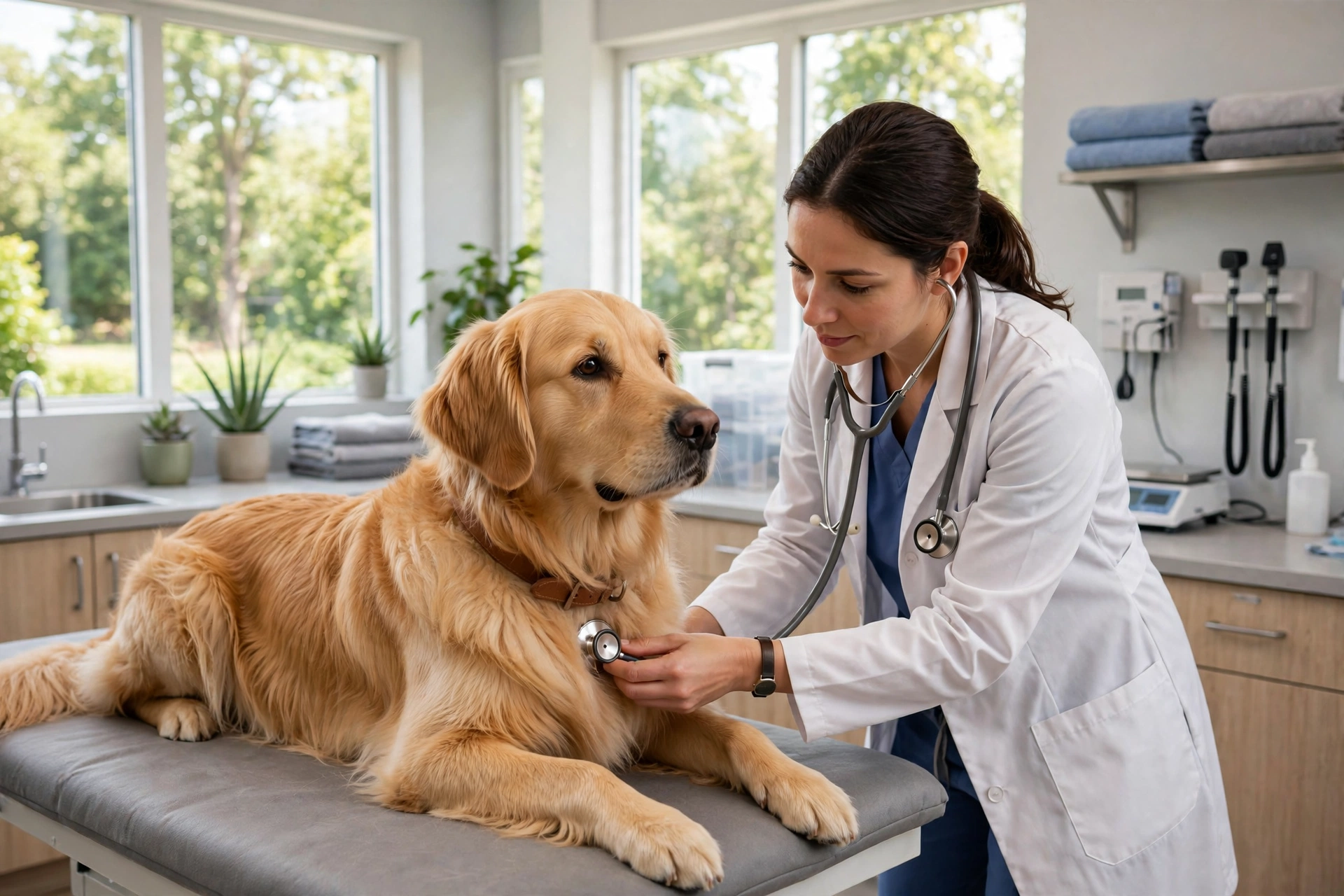 Dog at the veterinarian for a health check