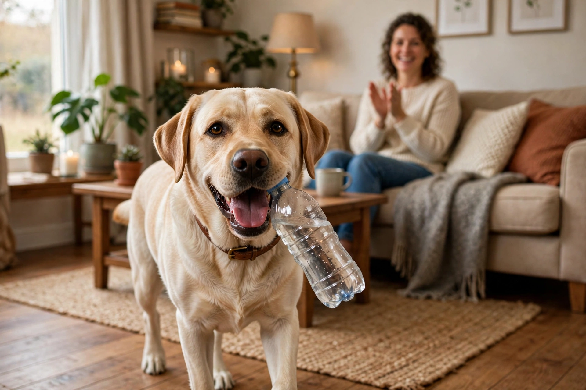 Labrador carrying a bottle across the living room to an owner on the couch