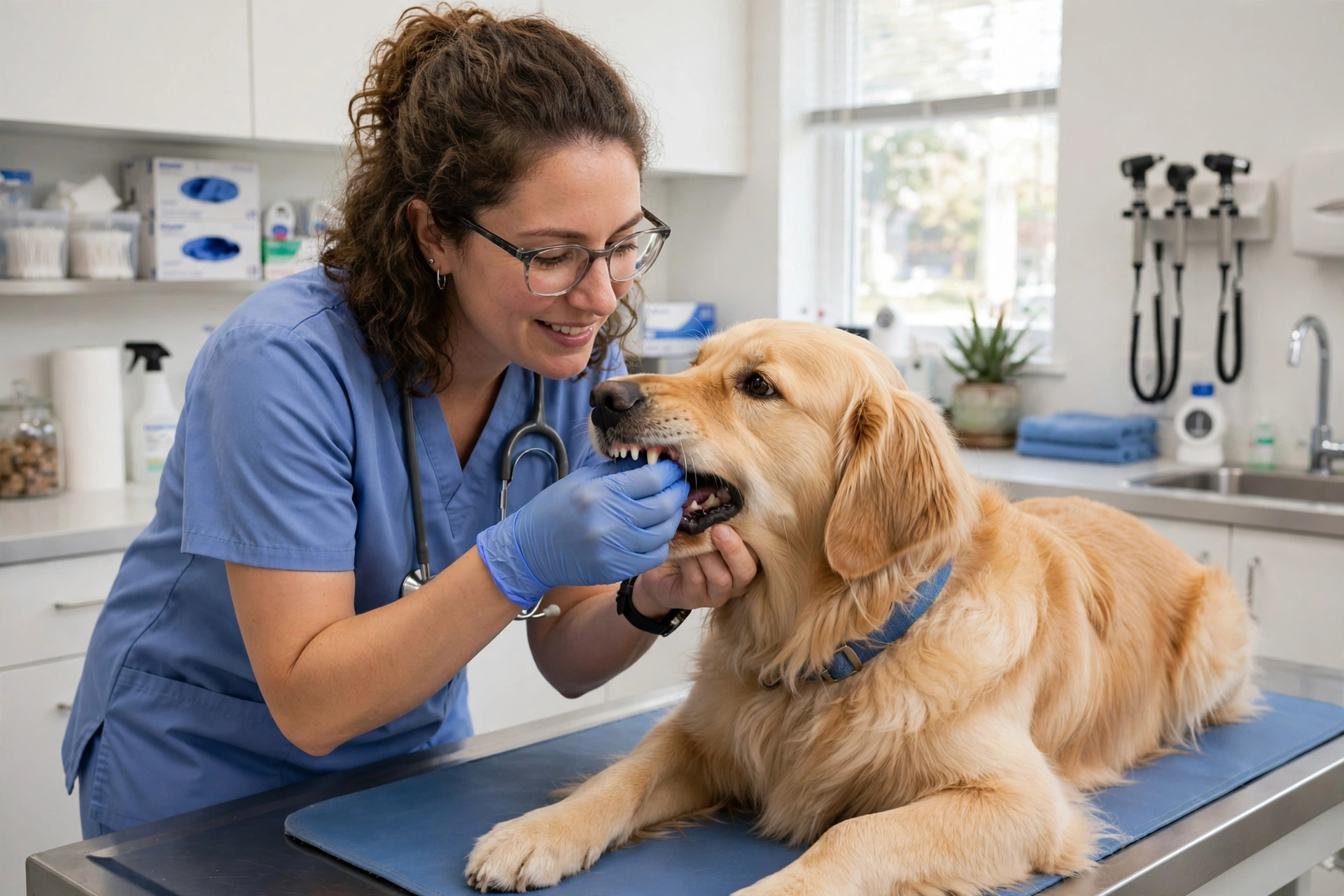 Veterinarian examining a dog at the clinic