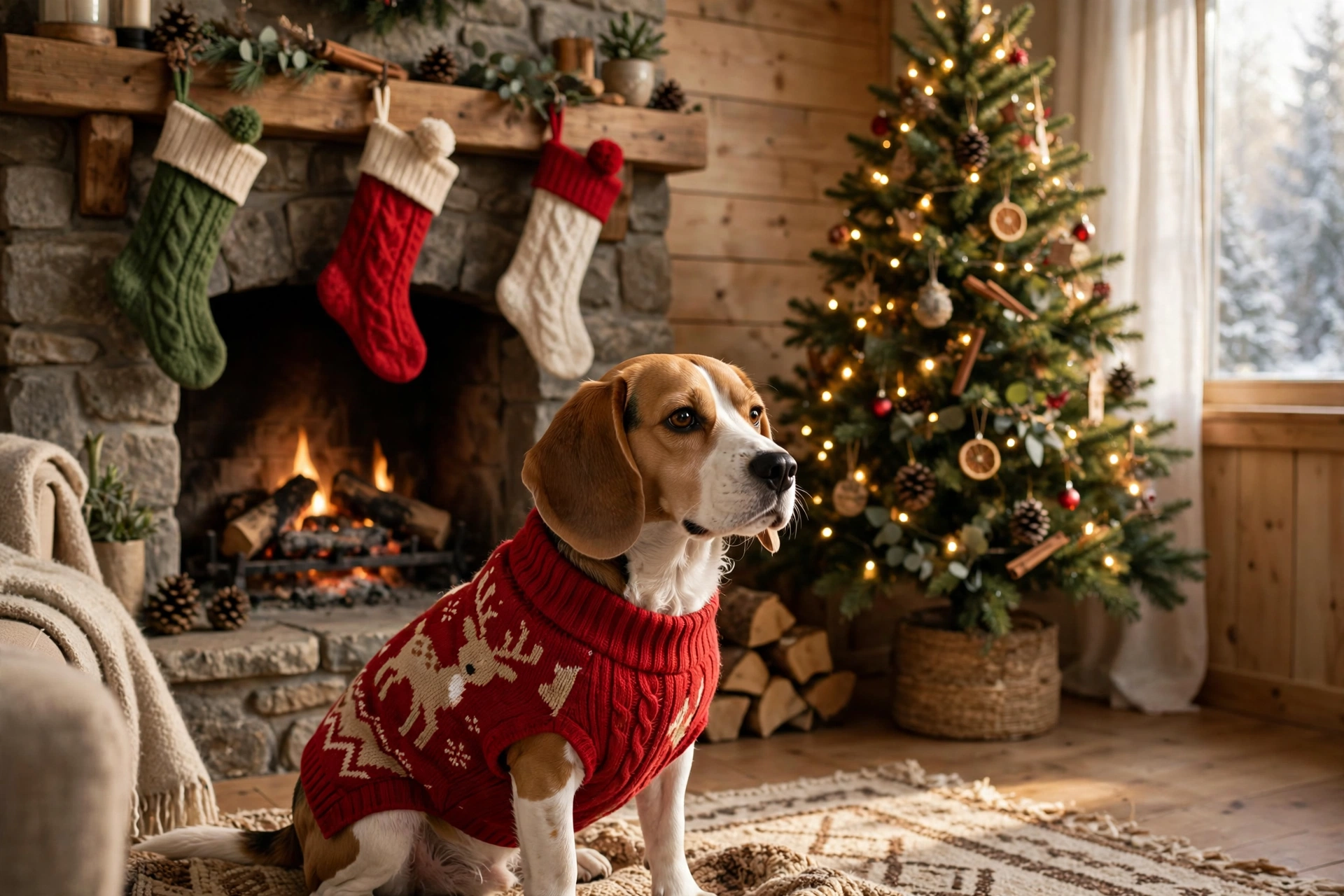 Beagle in a red AURUZA deer Christmas sweater by a fireplace