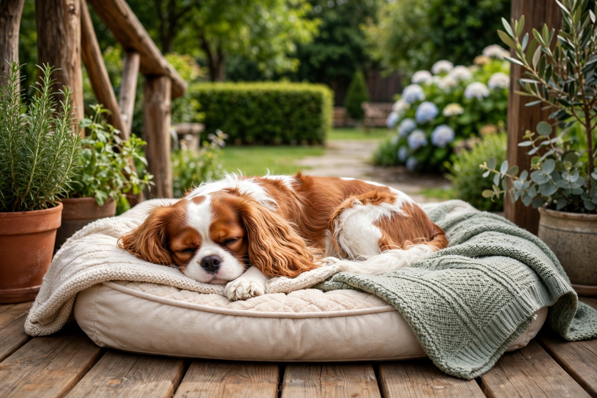 Cavalier King Charles Spaniel relaxing calmly on a dog bed on a wooden deck