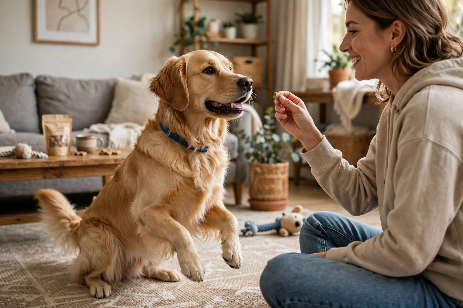 Dog popping up during training while owner patiently redirects
