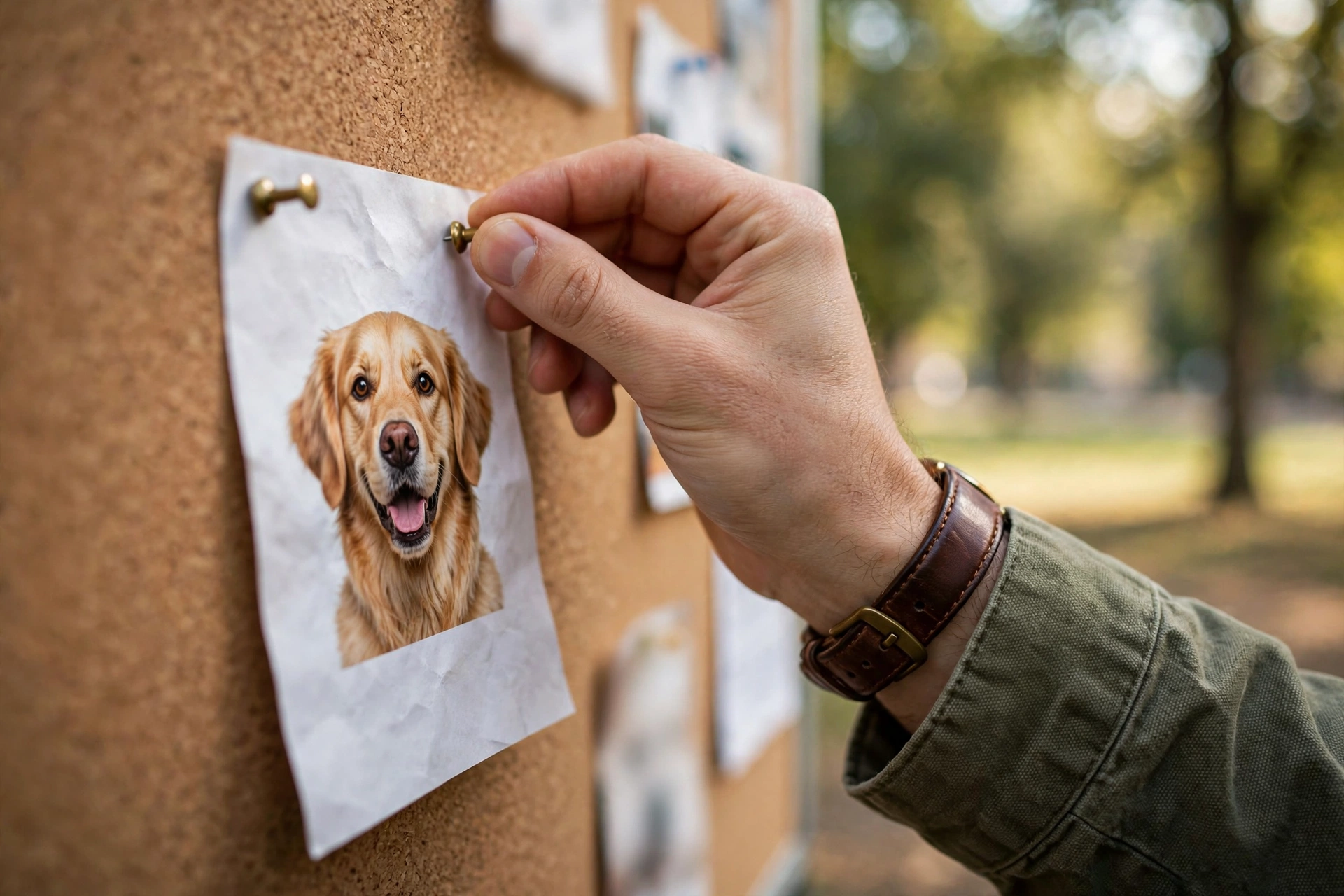 Hand pinning a lost-dog flyer with a dog photo onto a community bulletin board in a park