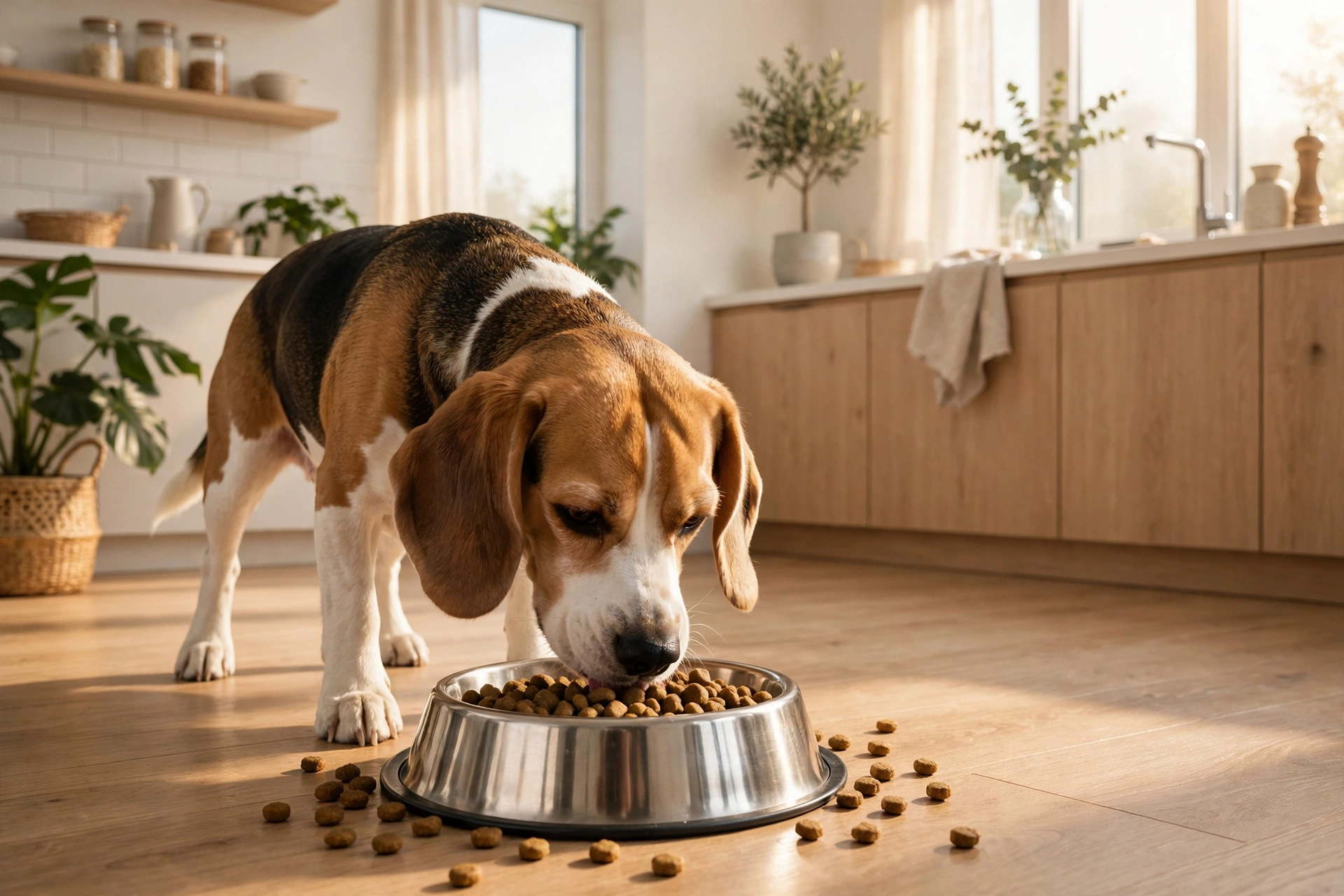 Dog eating nutritious kibble from a bowl in a bright kitchen
