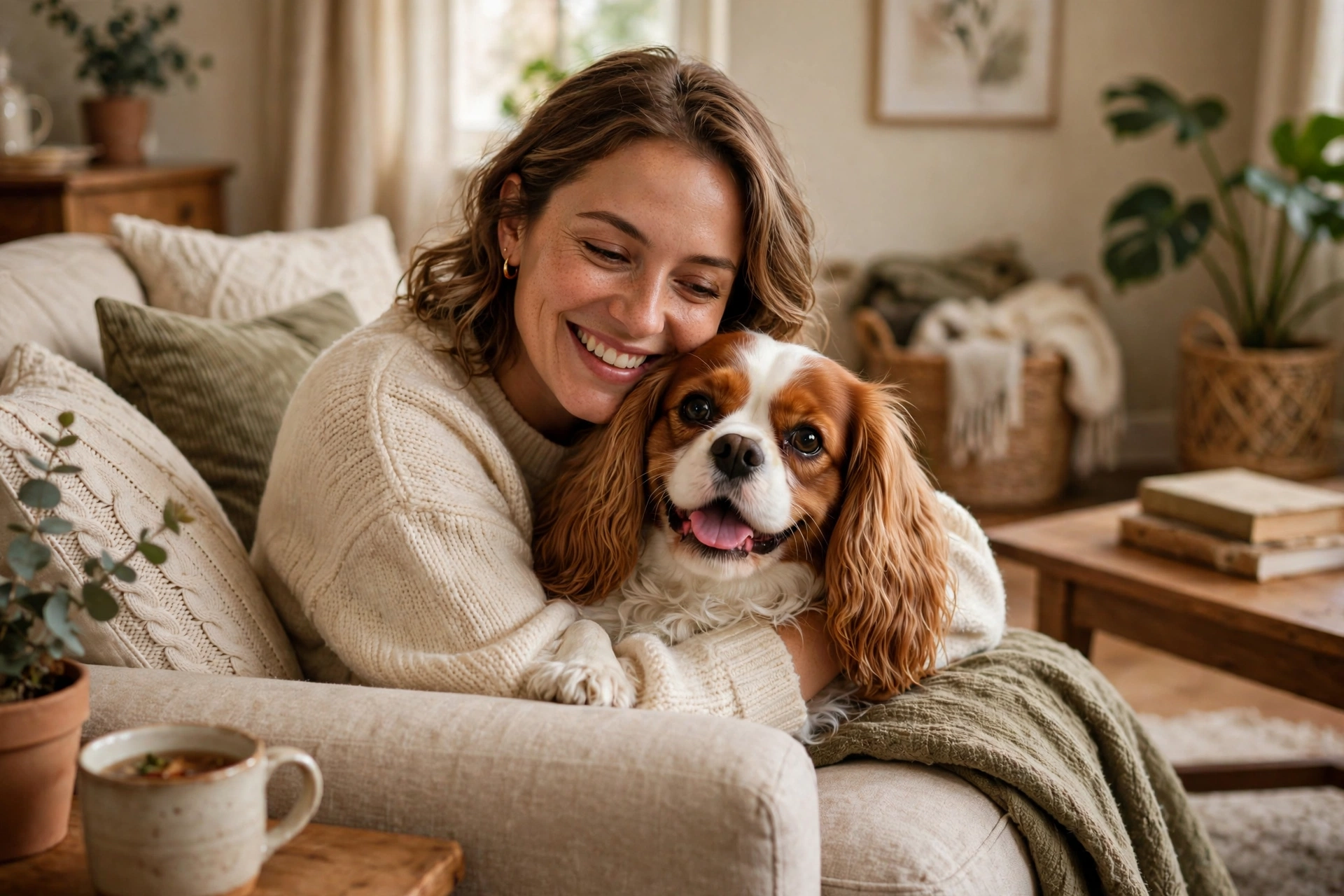 Large happy Cavalier King Charles Spaniel cuddling with its smiling owner on a couch
