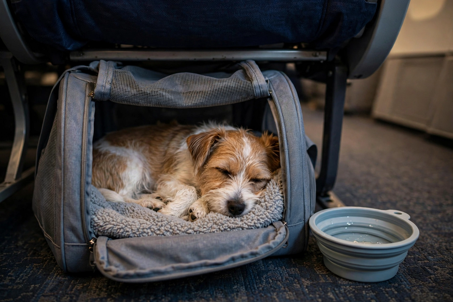 Small dog resting in a carrier under an airplane seat with a travel water bowl nearby