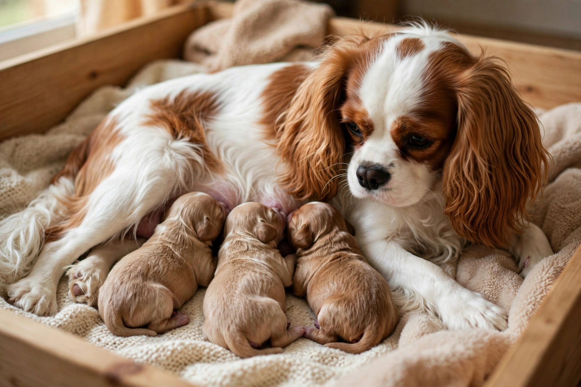 Cavalier King Charles Spaniel mother nursing her newborn puppies