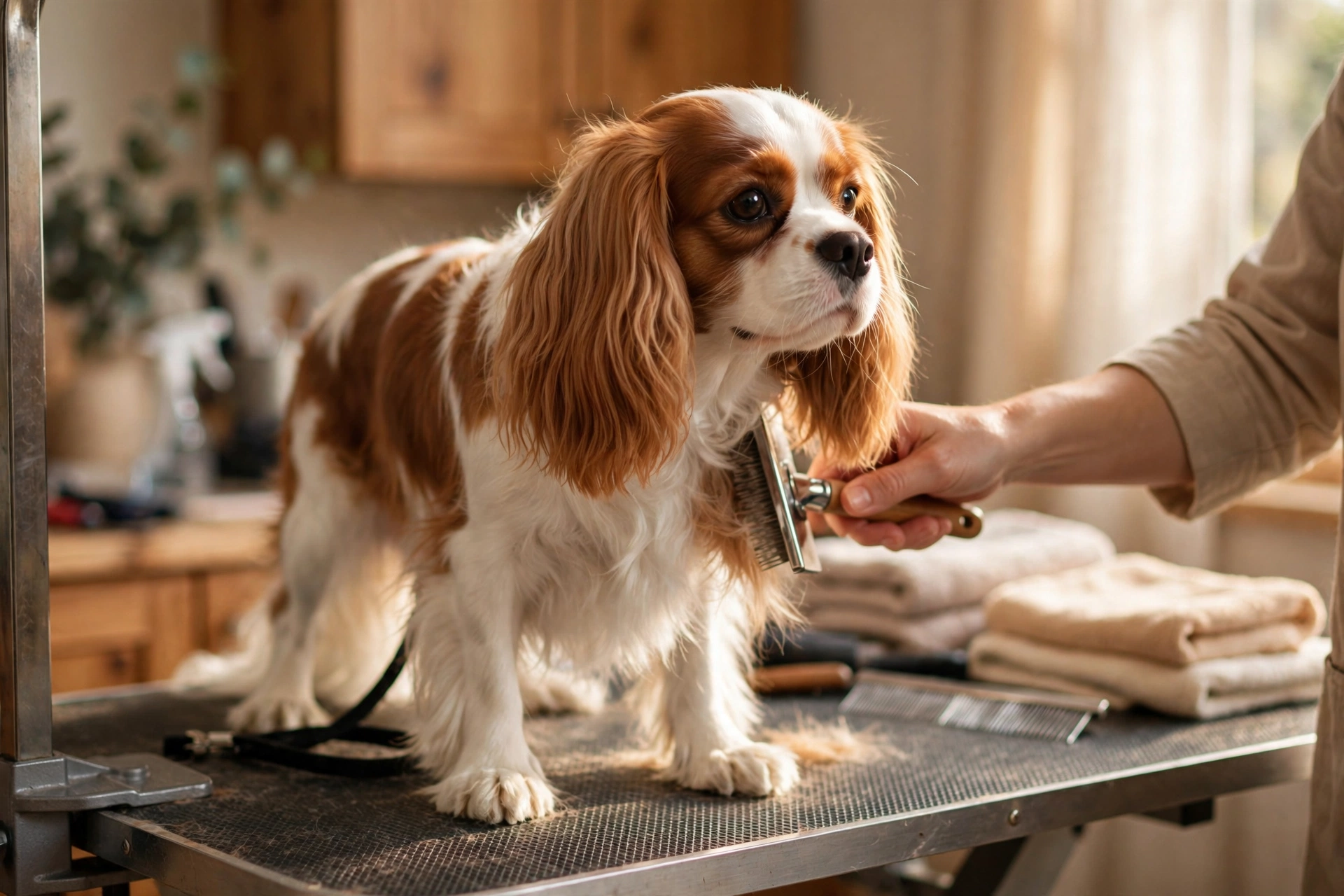 Cavalier King Charles Spaniel being brushed during grooming