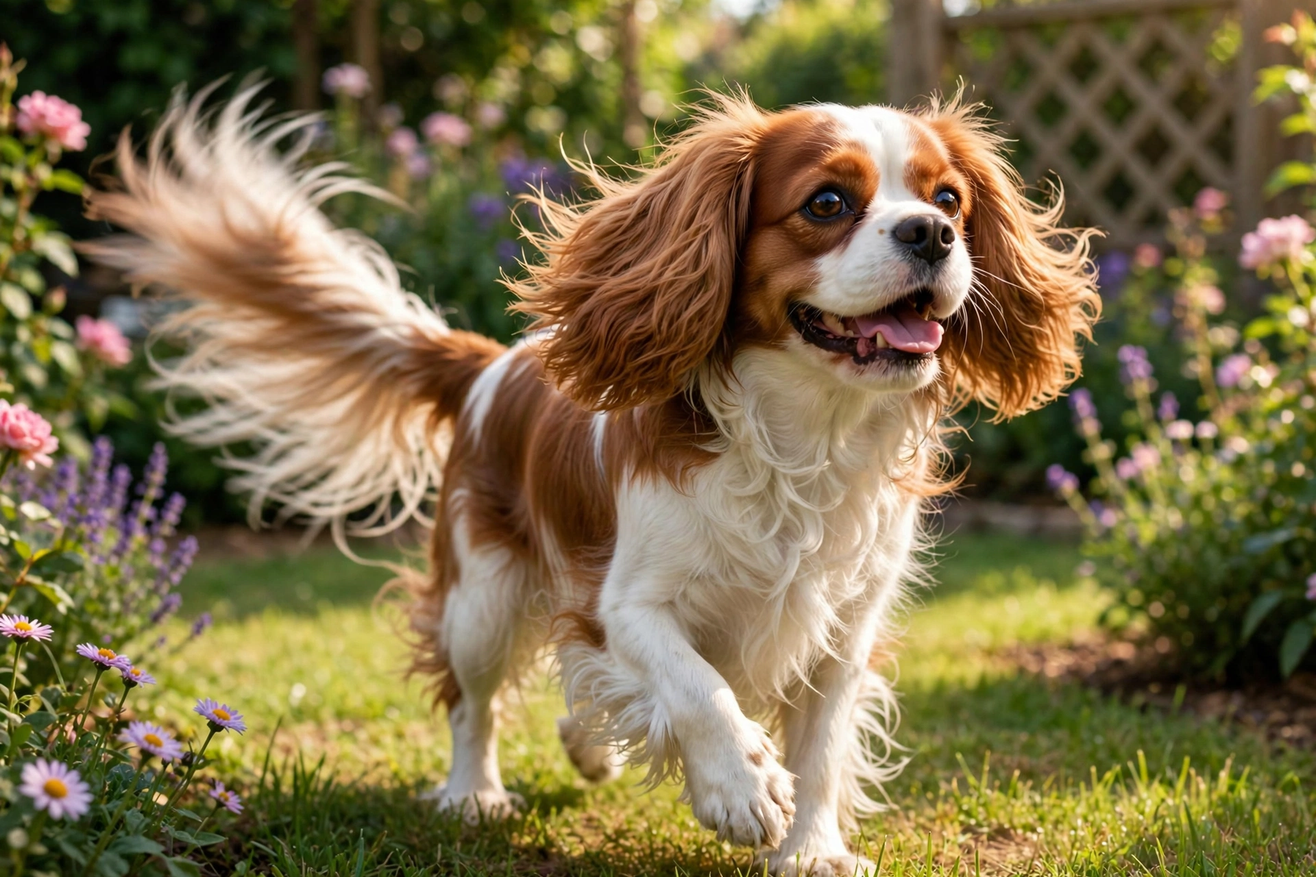 Happy Cavalier King Charles Spaniel wagging its tail in a sunny garden