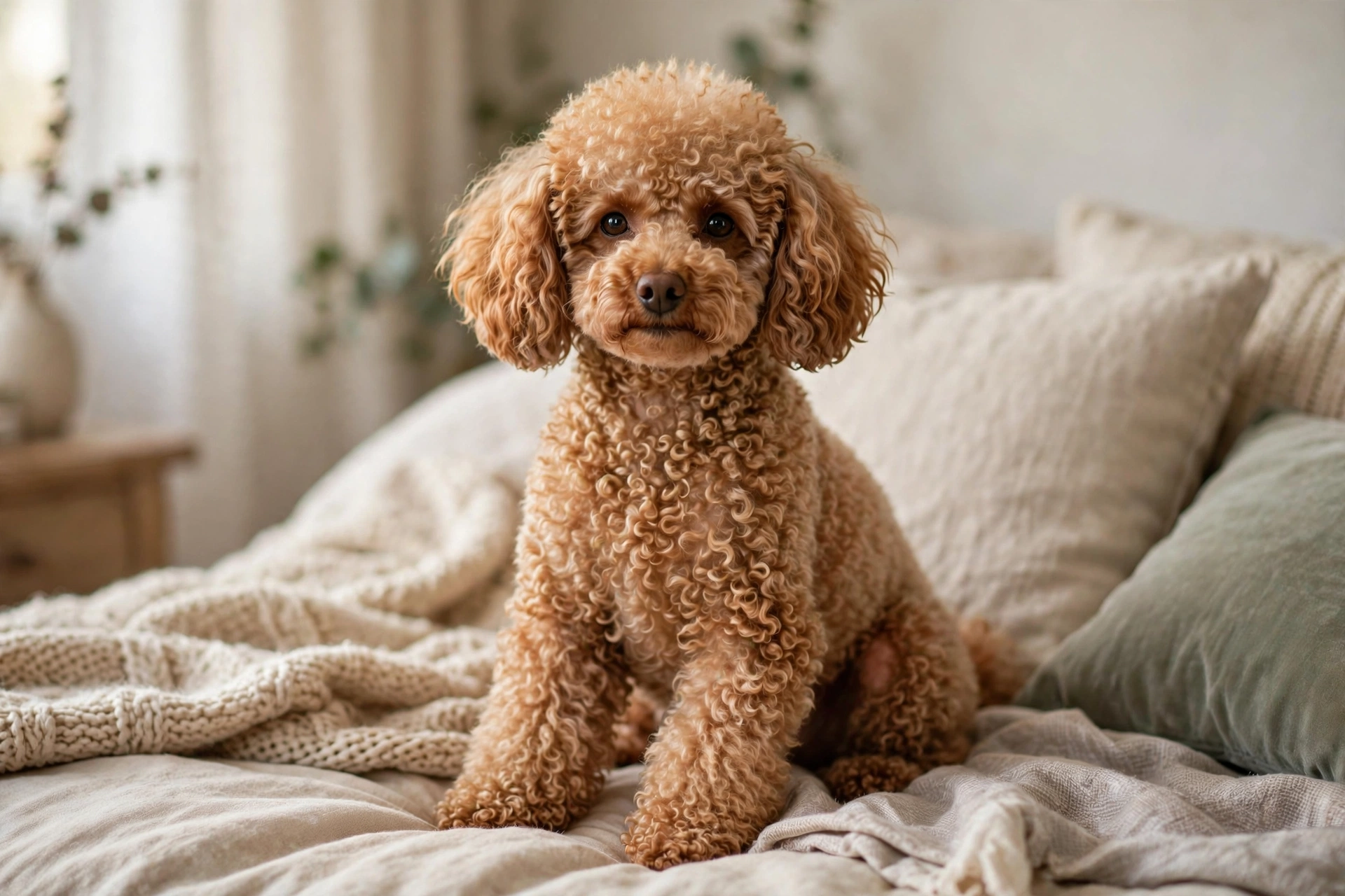 Apricot Toy Poodle sitting on a cozy bed