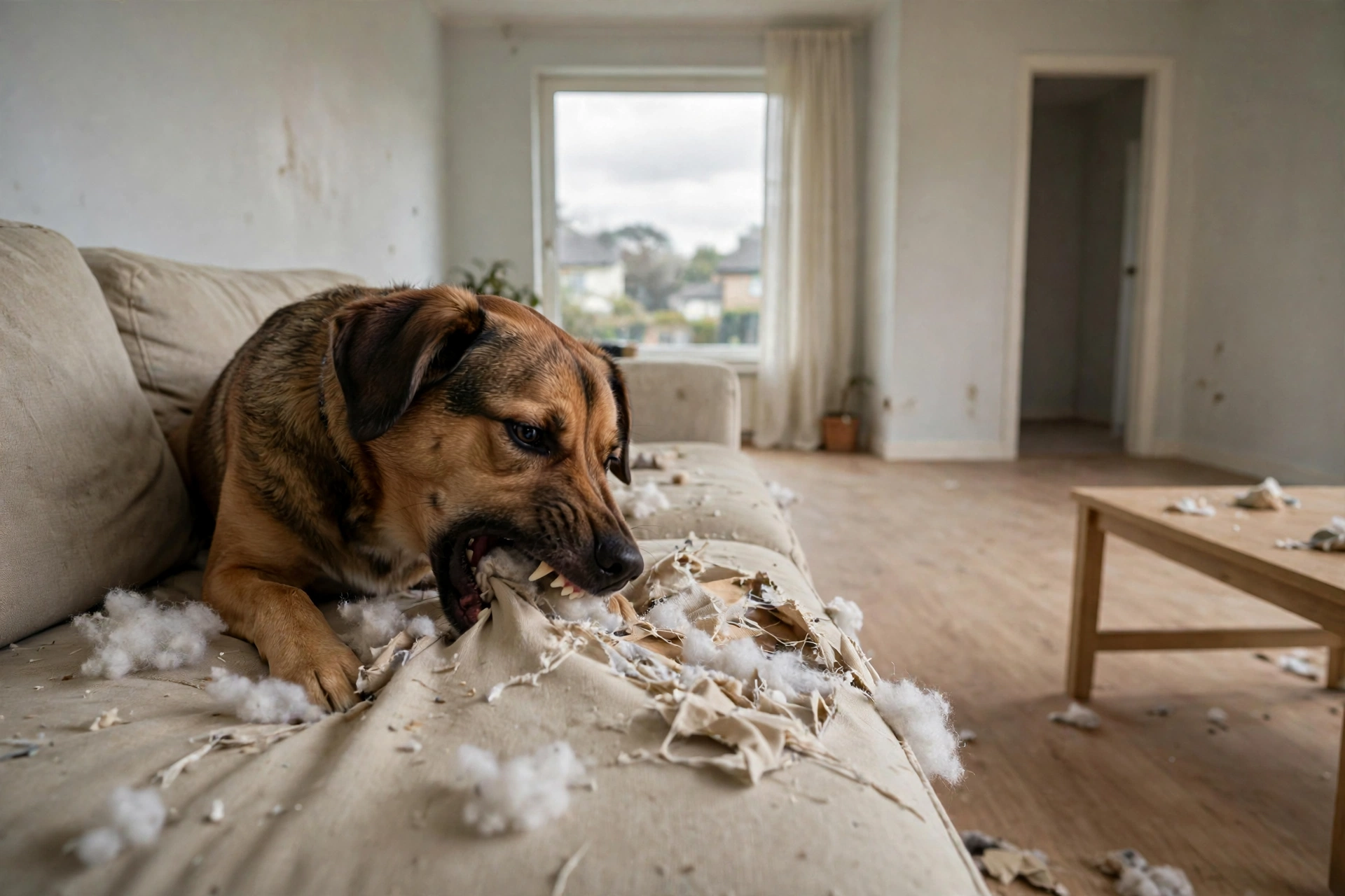 Dog chewing a couch cushion from separation stress