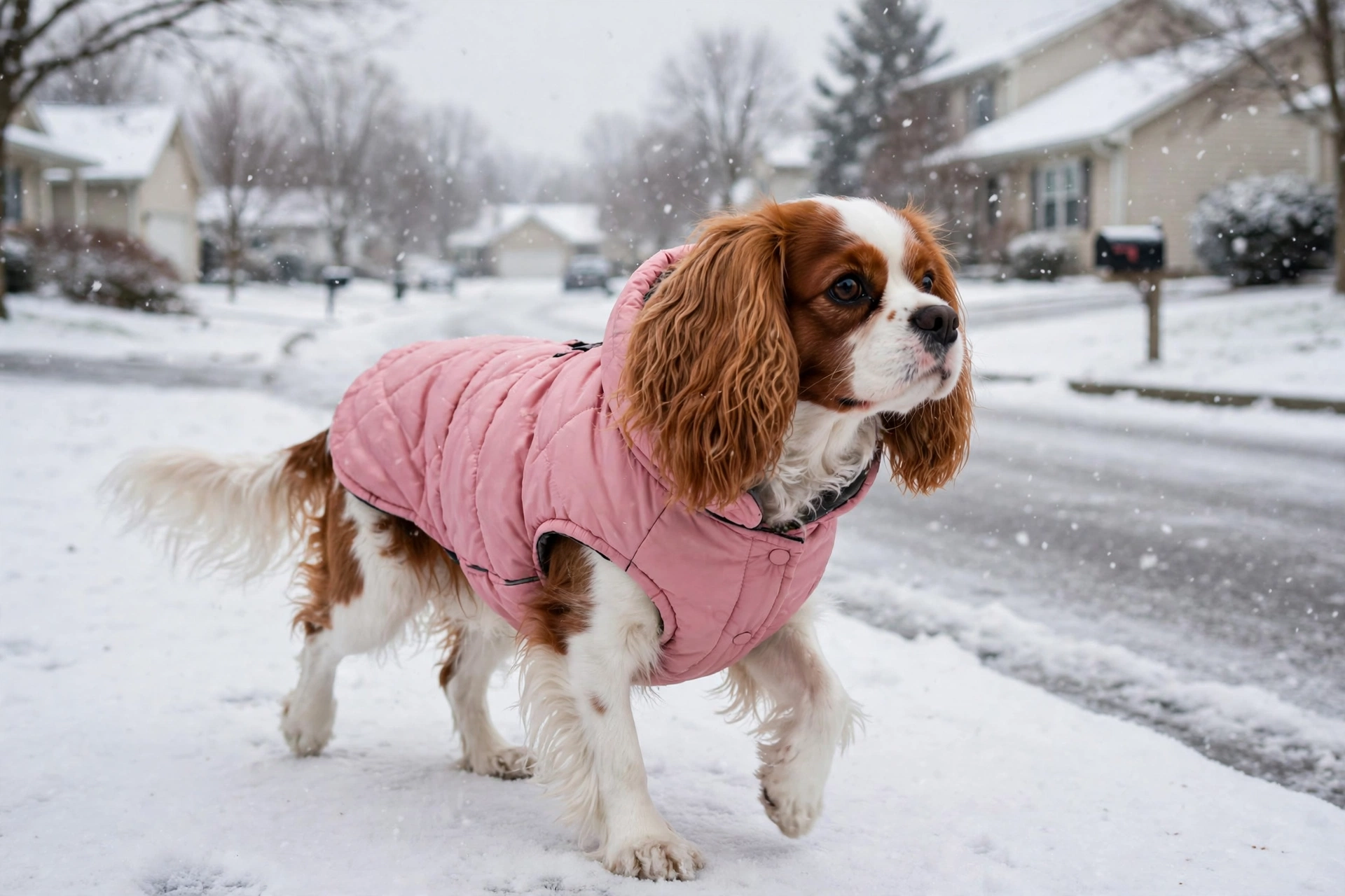Cavalier King Charles Spaniel in a padded winter coat on a short snowy walk