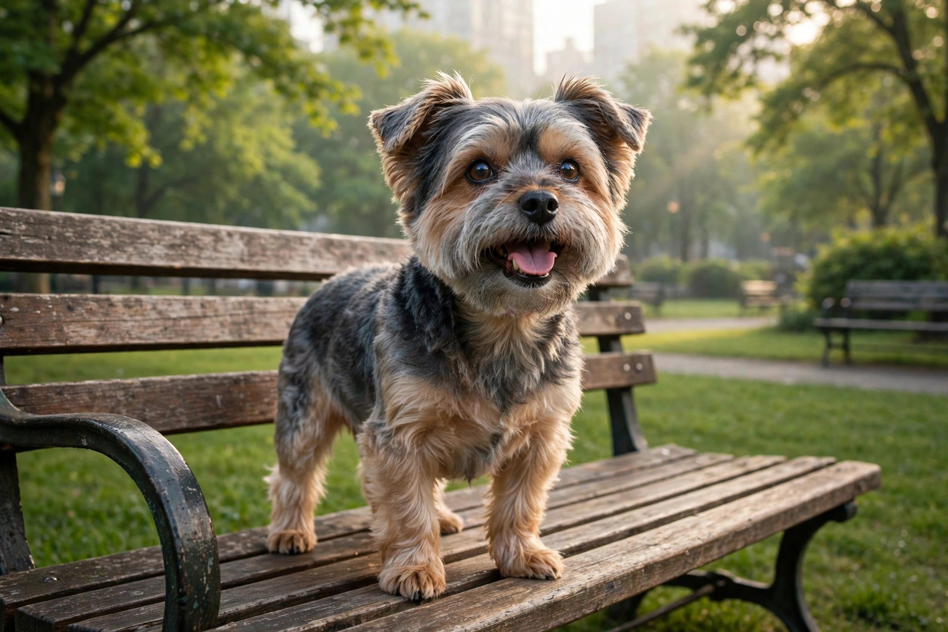 Senior Yorkshire Terrier with a gray muzzle standing on a park bench