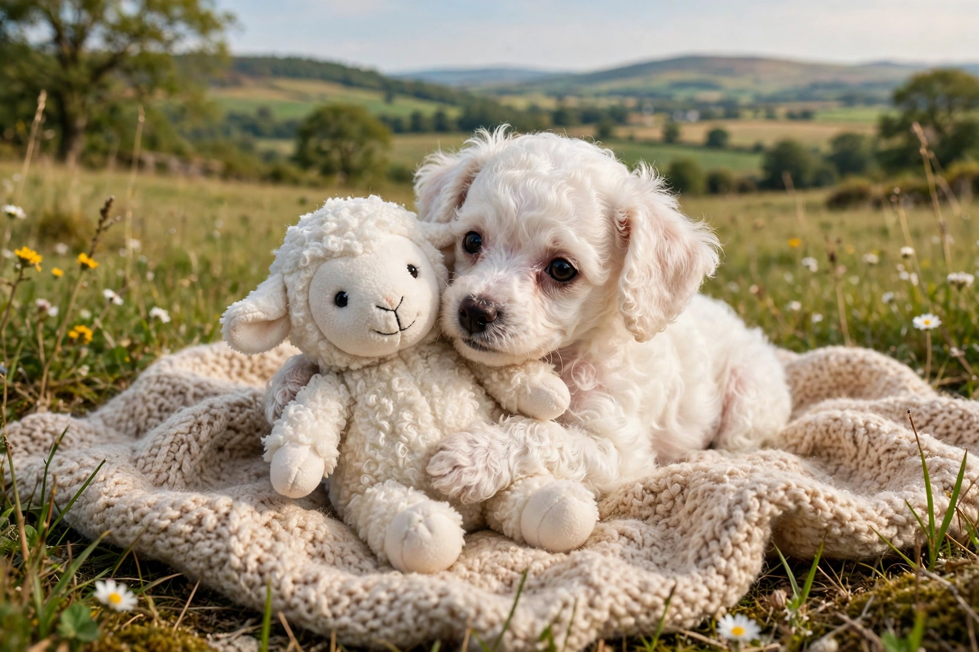 Tiny white poodle puppy cuddling a mini plush lamb dog toy on a blanket