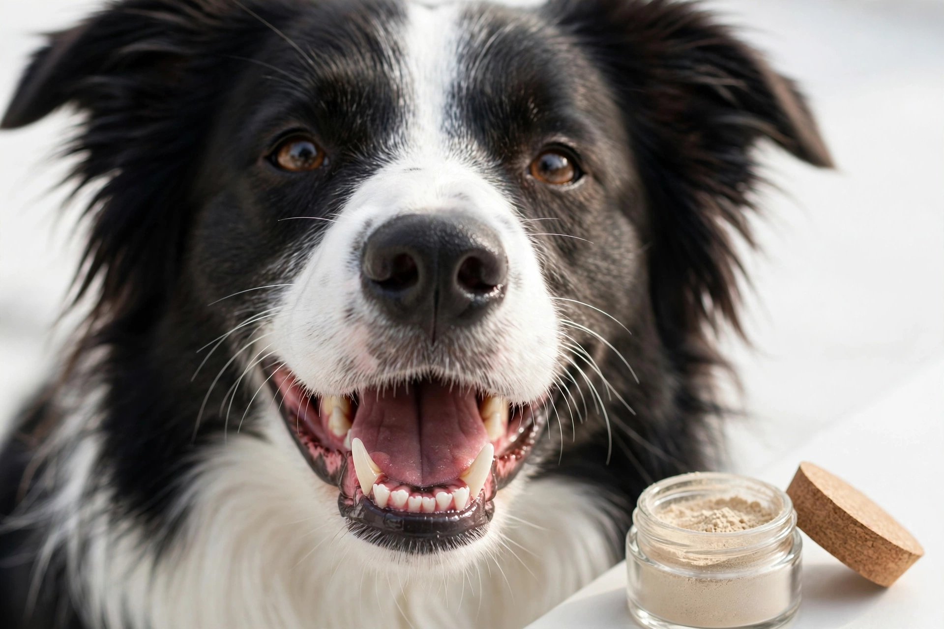 Dog with clean teeth next to dental powder supplement
