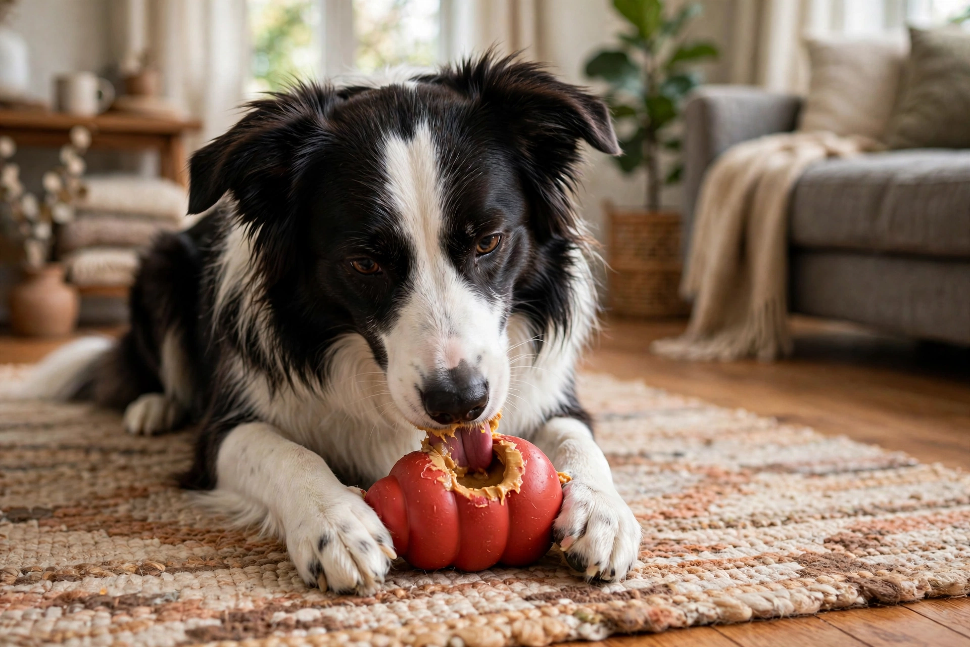 Border collie licking peanut butter paste from a red rubber enrichment toy