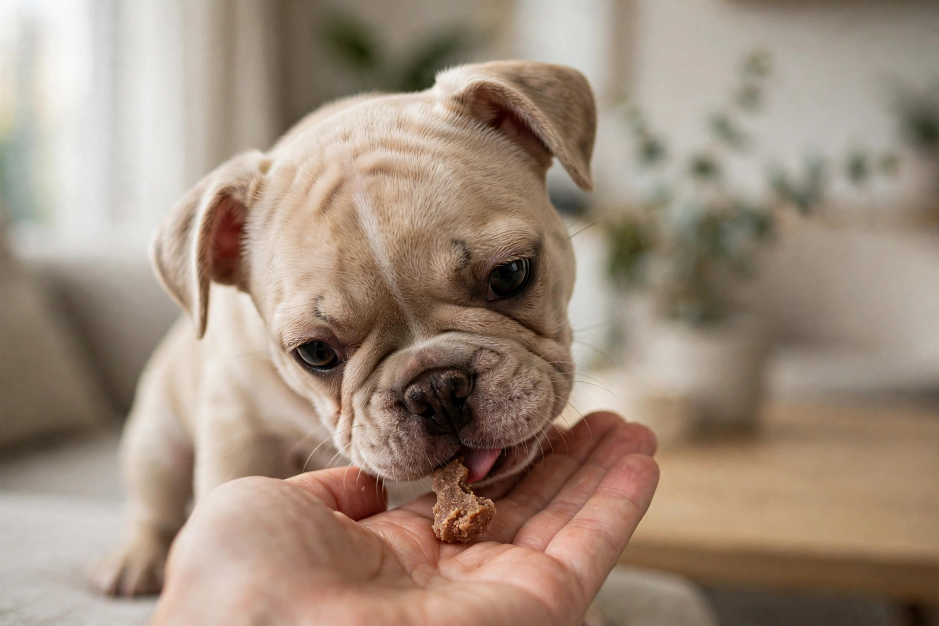 French bulldog puppy eating a tiny freeze-dried meat training treat from a hand indoors