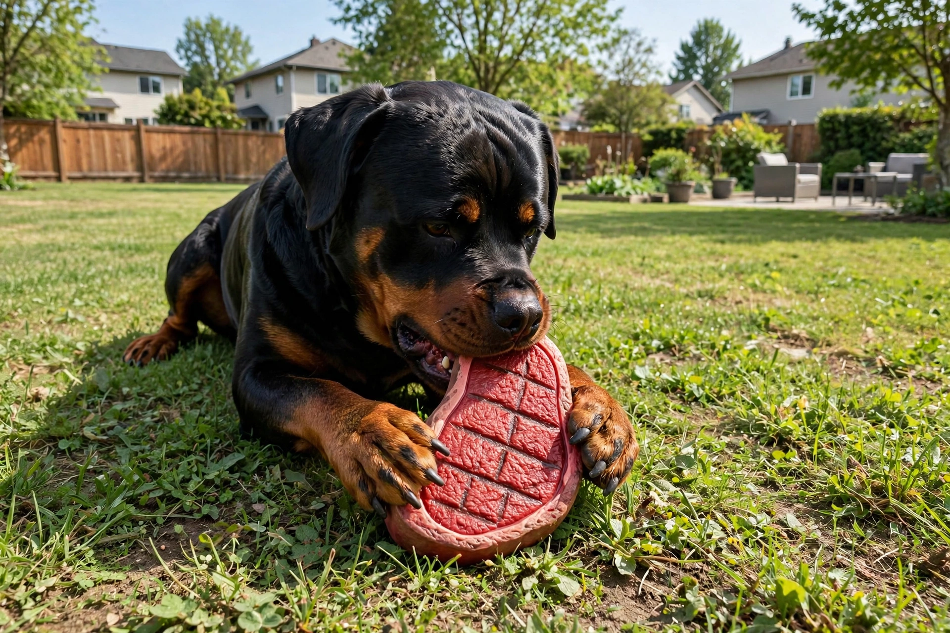 Rottweiler chewing a red steak-shaped nylon chew toy