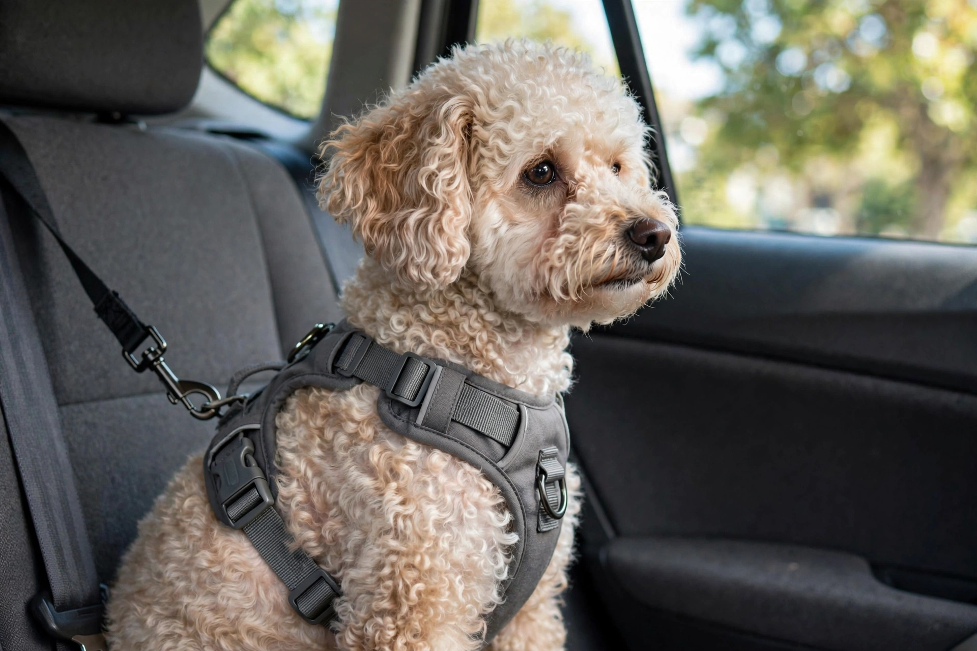 Small dog wearing a Kurgo Tru-Fit harness with seat belt tether in a car