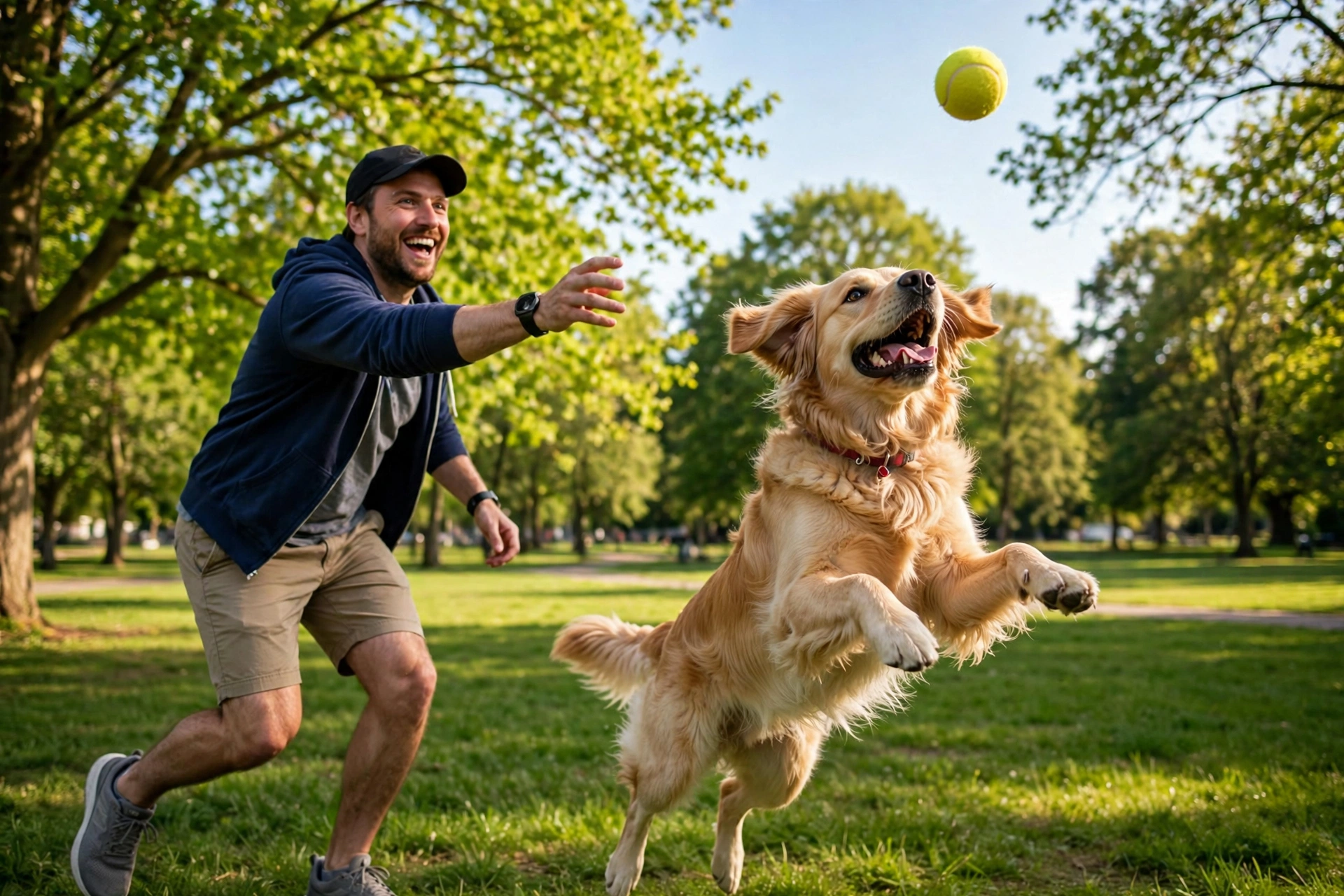 Dog playing fetch with its owner in a sunny park