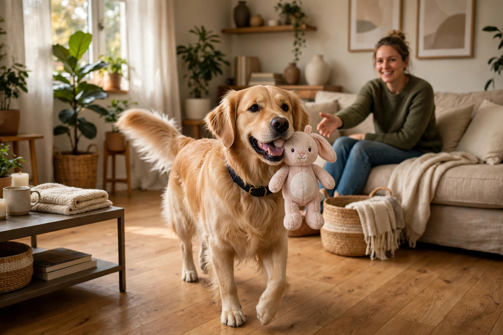 Happy dog proudly carrying a plush toy in its mouth toward its owner