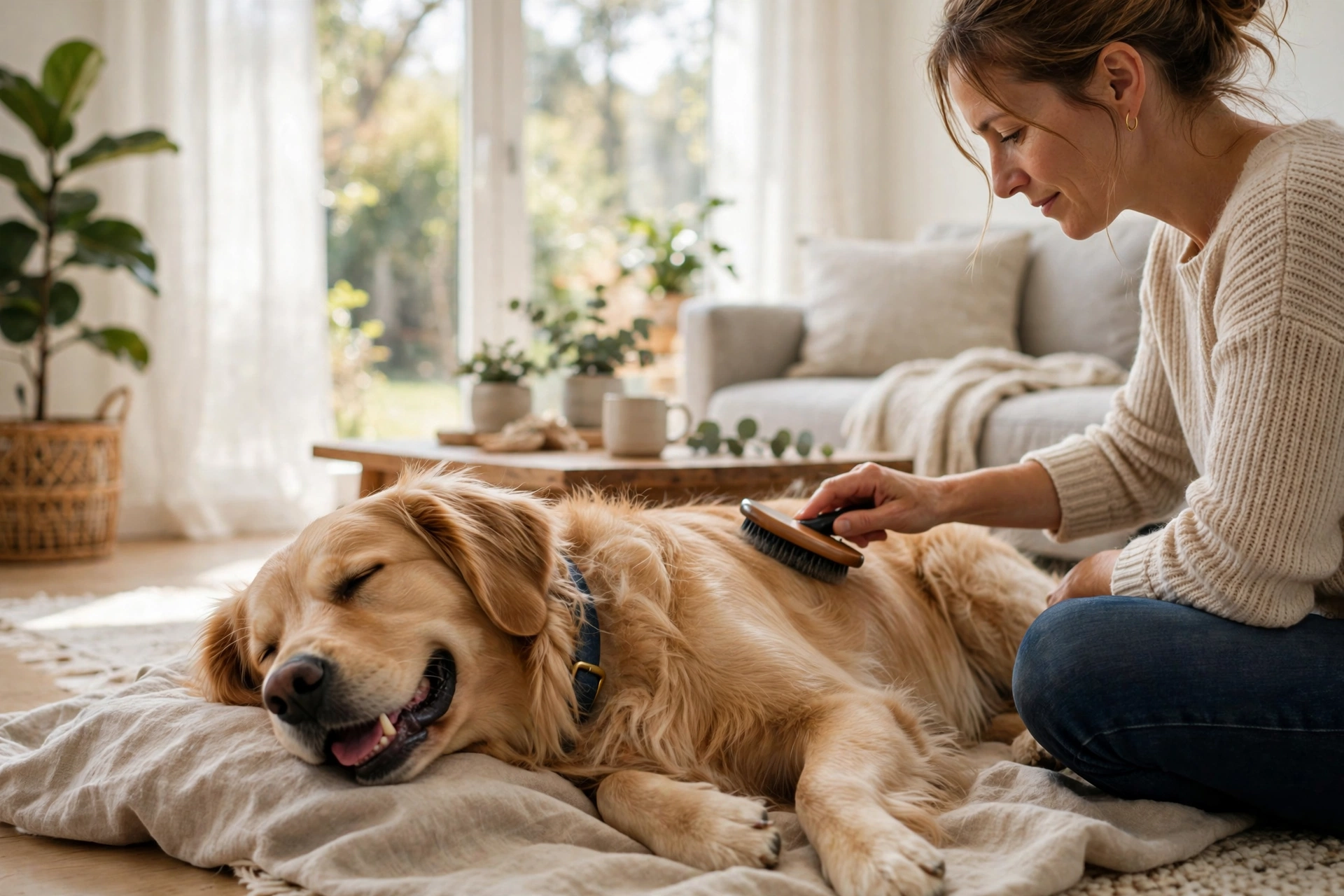 Owner gently brushing a happy dog during regular grooming to support skin health