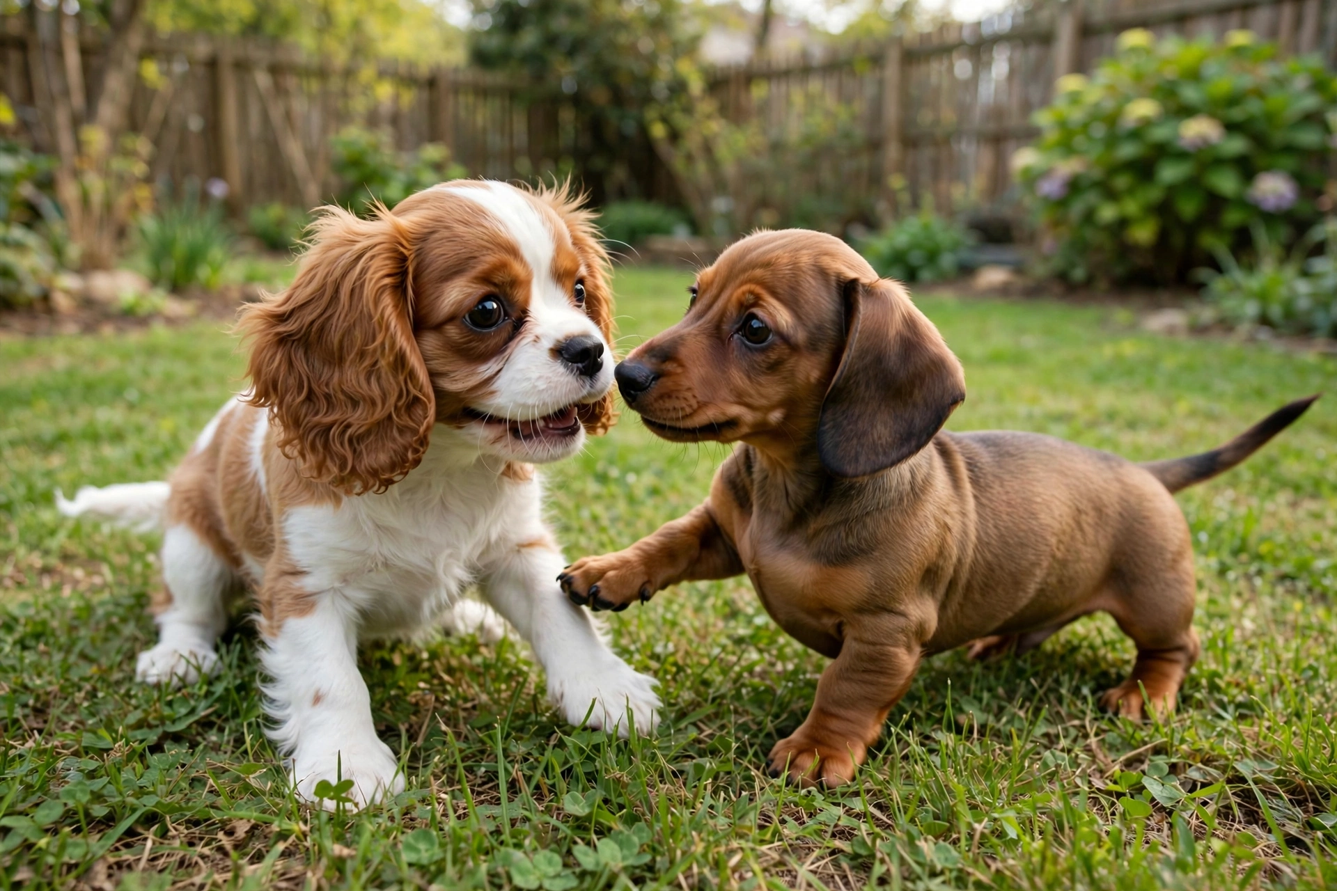 Two puppies playing together gently in a grassy yard