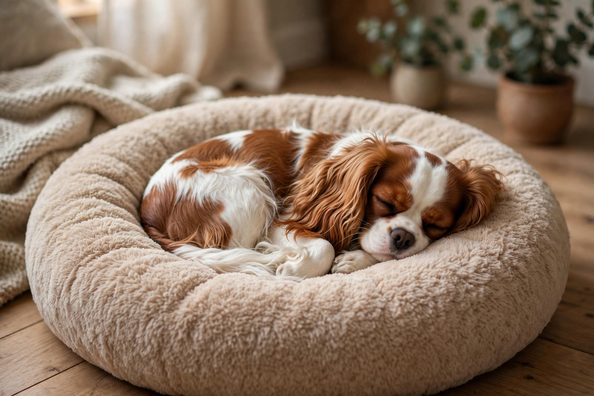 Cavalier king charles spaniel curled up asleep in a plush donut dog bed