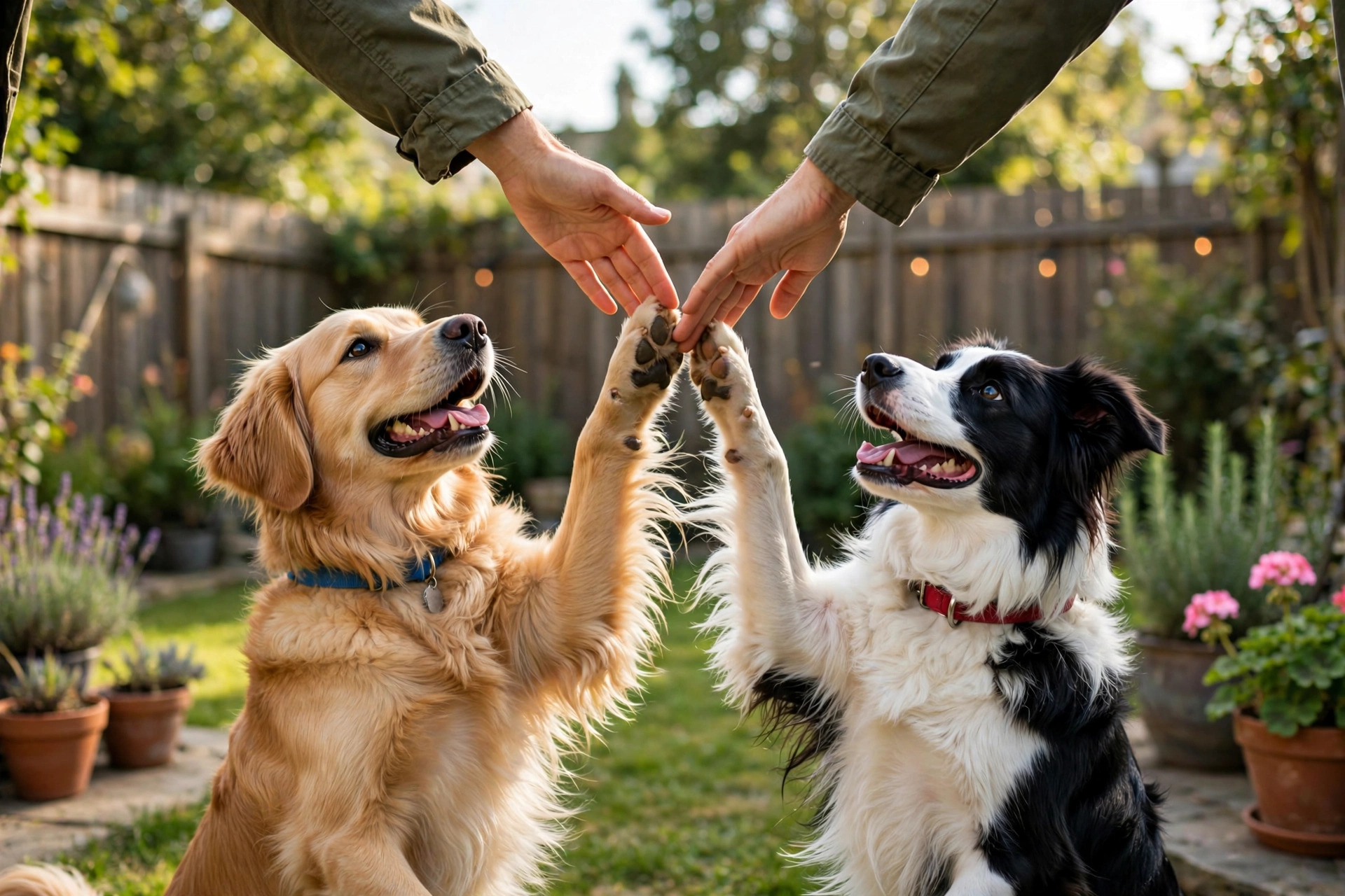 Two dogs giving high fives to owner's raised hands in a backyard