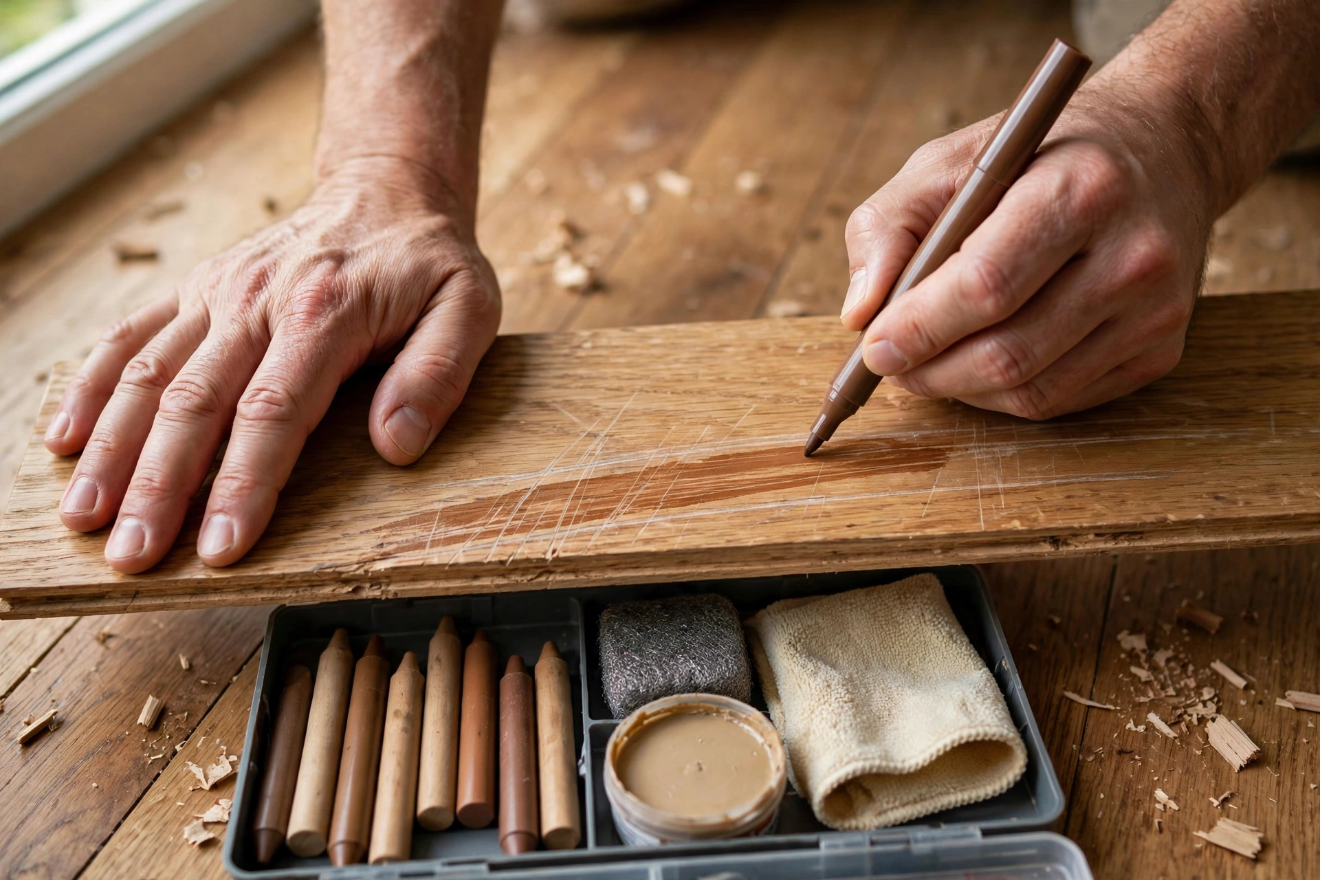 A person using a wood floor repair kit with a touch-up marker on a scratched hardwood plank
