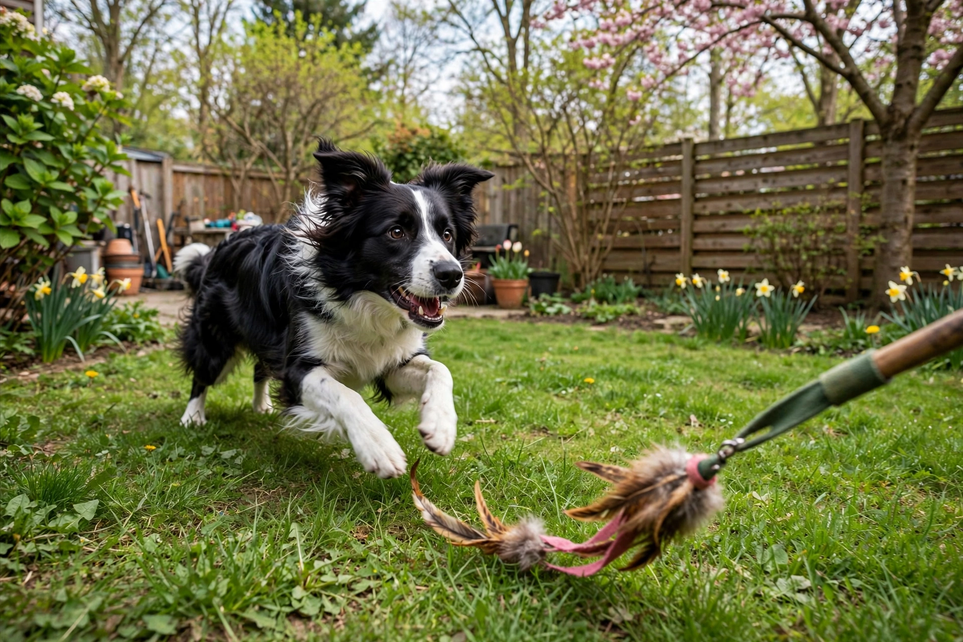 Dog chasing a flirt pole lure toy in a grassy backyard