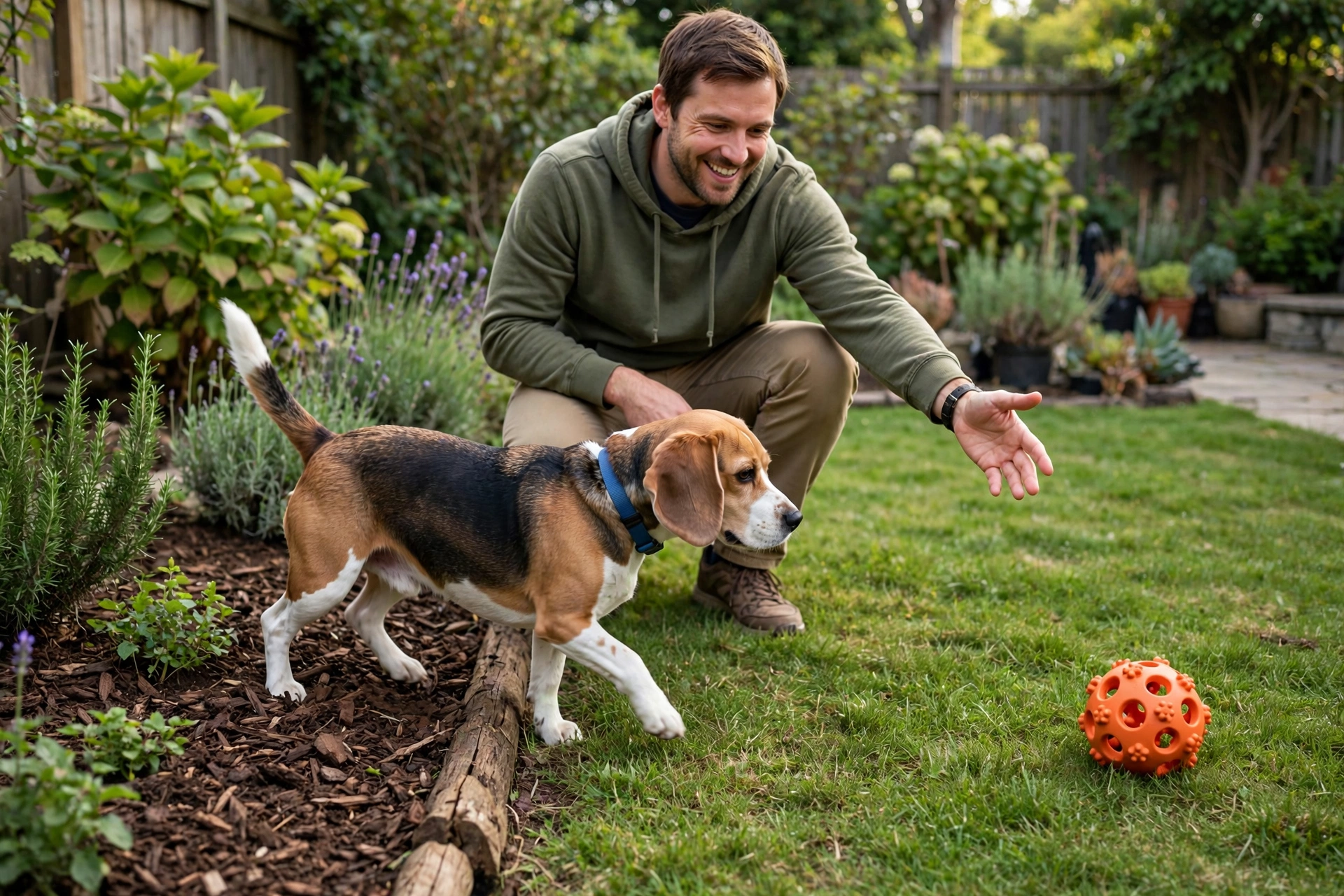 Owner redirecting a dog from mulch to a puzzle toy