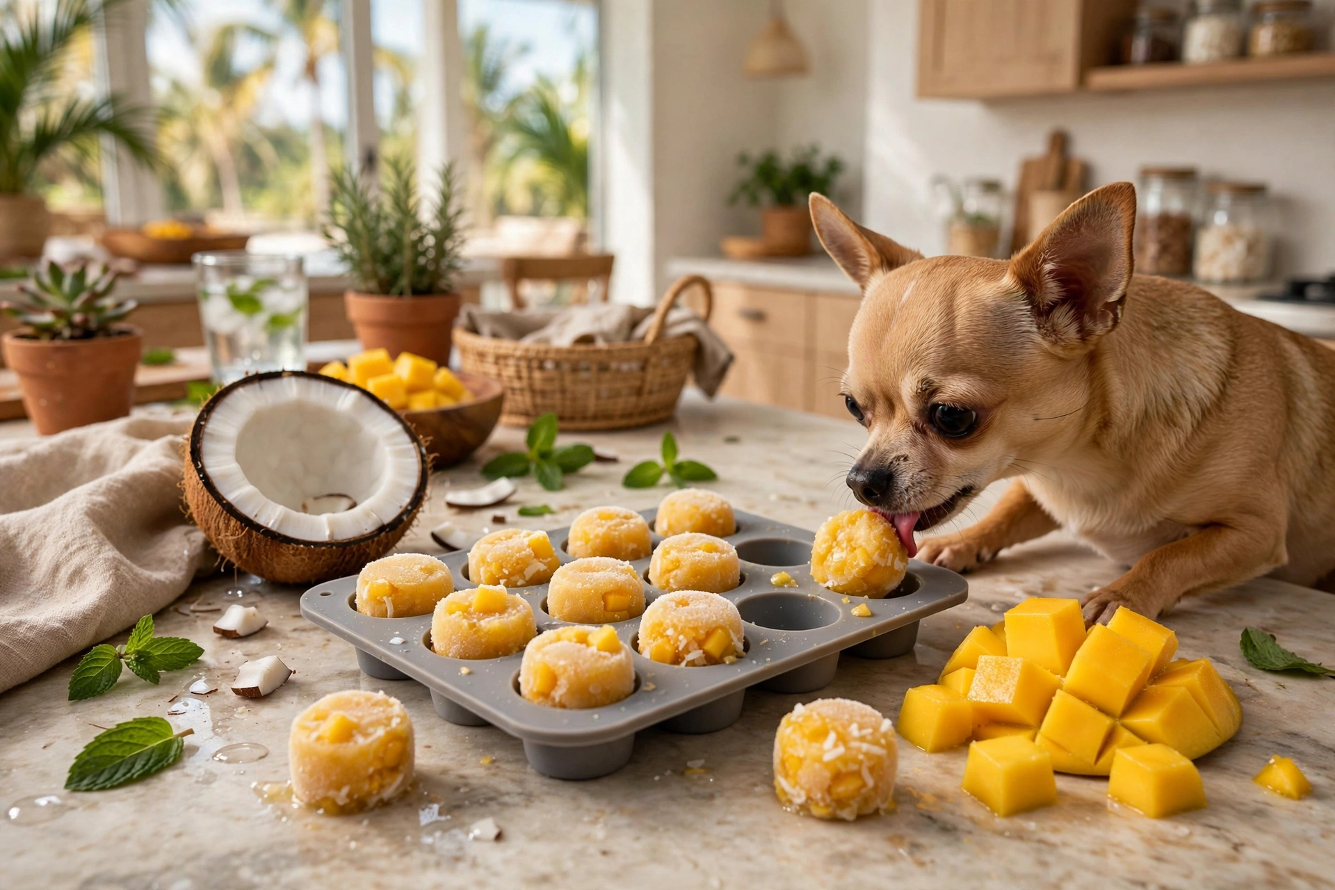Coconut mango frozen dog minis in small round silicone molds