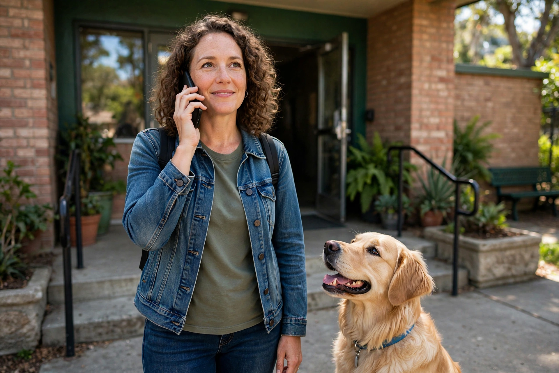 Person making a phone call outside a local animal shelter entrance with a friendly dog beside them
