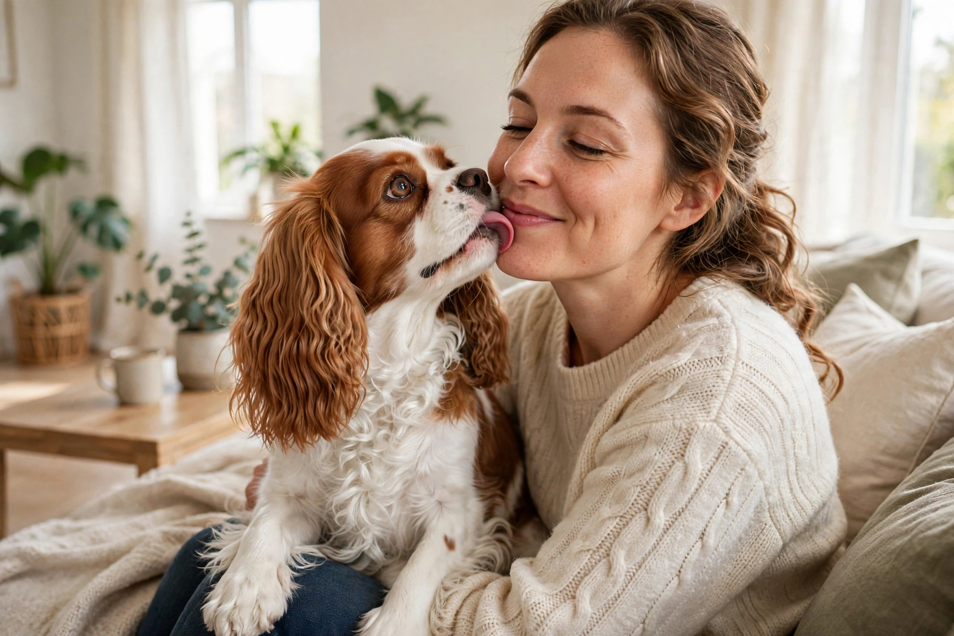 Cavalier King Charles Spaniel gently licking its owner's cheek on a lap