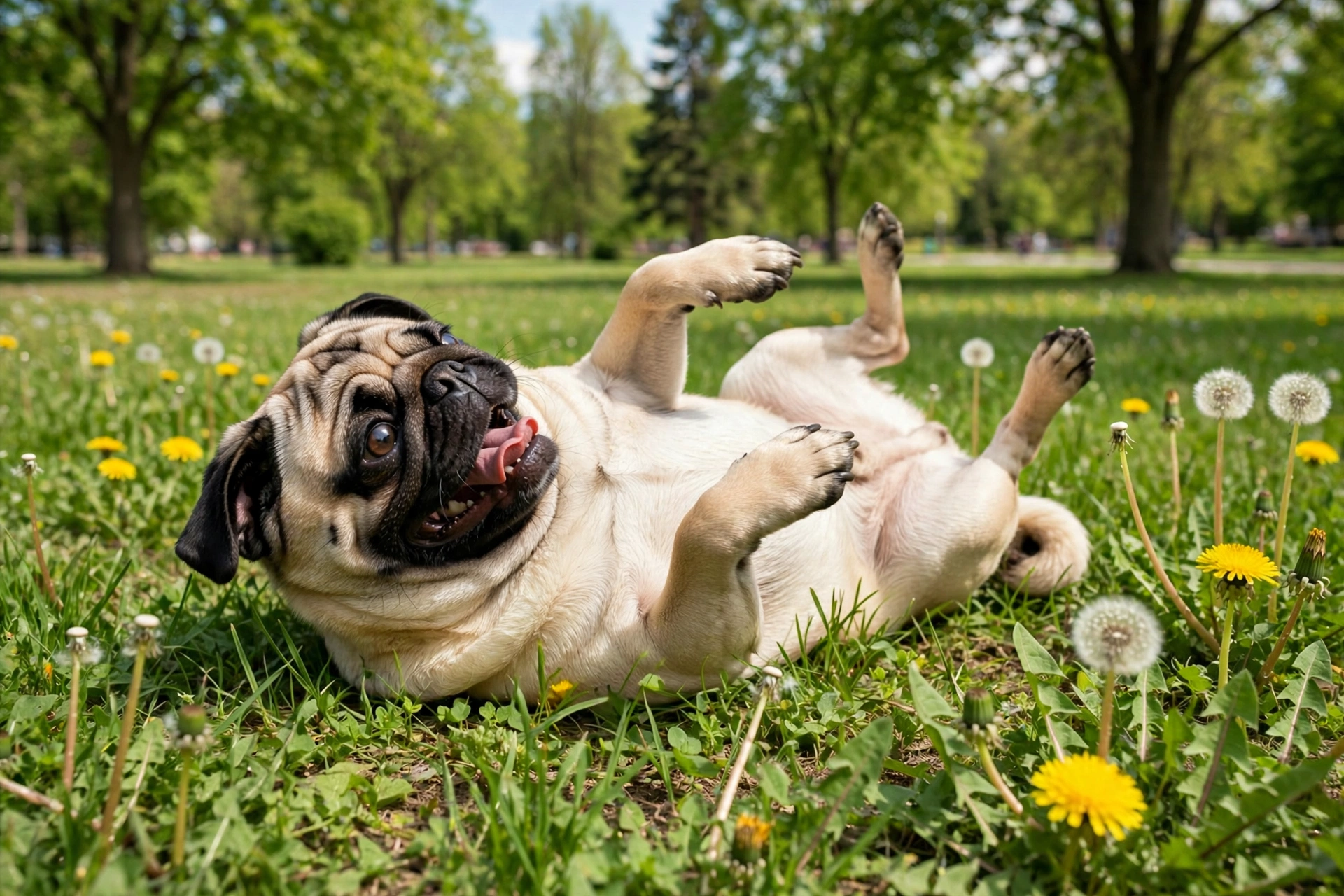Joyful dog rolling on its back in green grass at the park