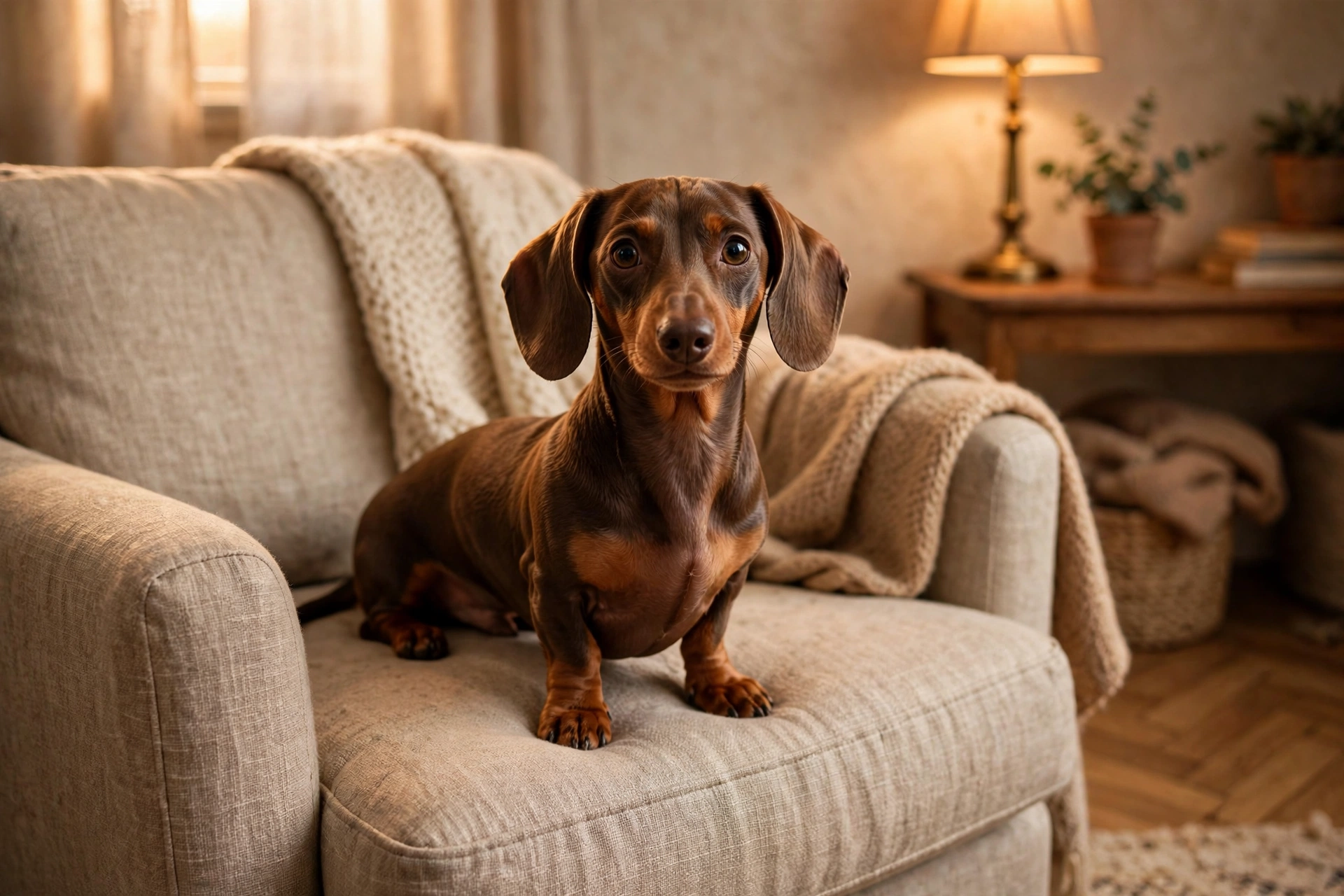 Miniature Dachshund sitting on a fabric chair